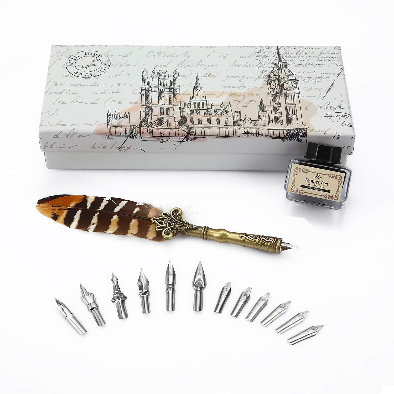 Vintage Feather Pens Calligraphy Set Quill Ink Pen Natural Handcrafted Dip Pen with11pcs Extra Pen Metal Nibs Writing Pen Gift Set