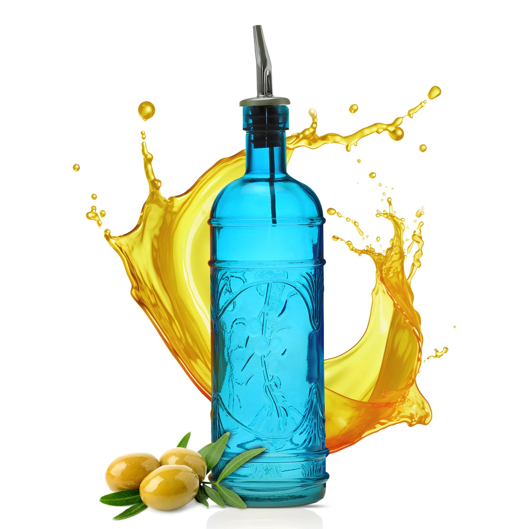 Couronne Co. Olive Oil Dispenser Bottle for Kitchen - Vinegar Dispenser Bottle with Pour Spouts - 16 oz - Aqua Blue