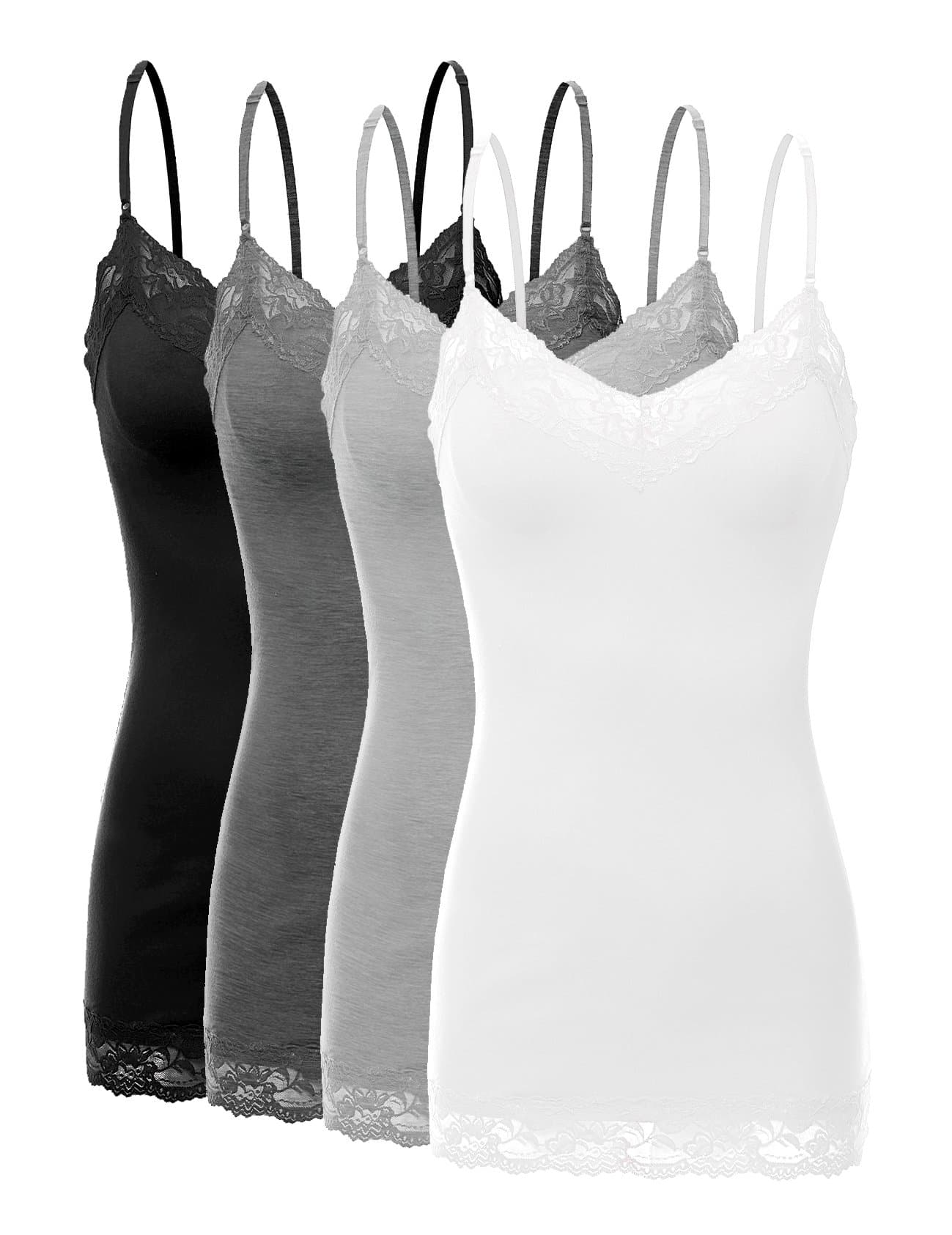 XT1004L Pack Ladies Adjustable Spaghetti Strap Lace Trim Cami Tank Top 4Pack-BLK CHC HE Grey WHT 2X
