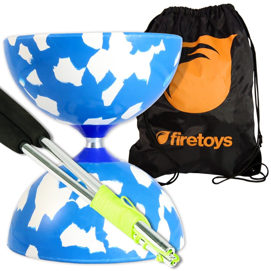 Jester Medium Diabolo (Blu/Wht) with Aluminium Diablo Sticks (incl String) & Firetoys Bag