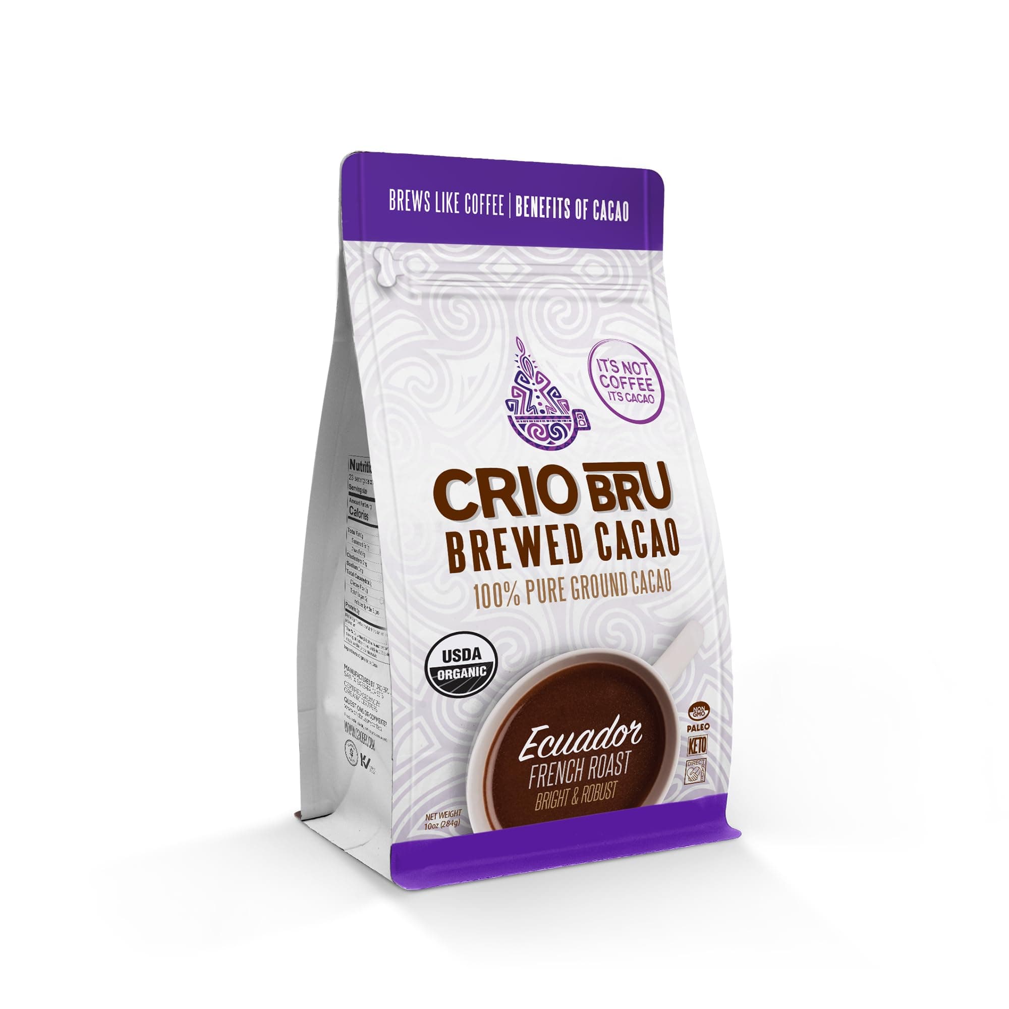 Crio Bru Brewed Cacao Ecuador French Roast Coffee Alternative Natural Healthy Drink | Made with 100% Pure Ground Cacao Beans | 99.99% Caffeine Free, Keto, Low Carb, Paleo, Non-GMO (10 Ounce (Pack of 1), Organic)