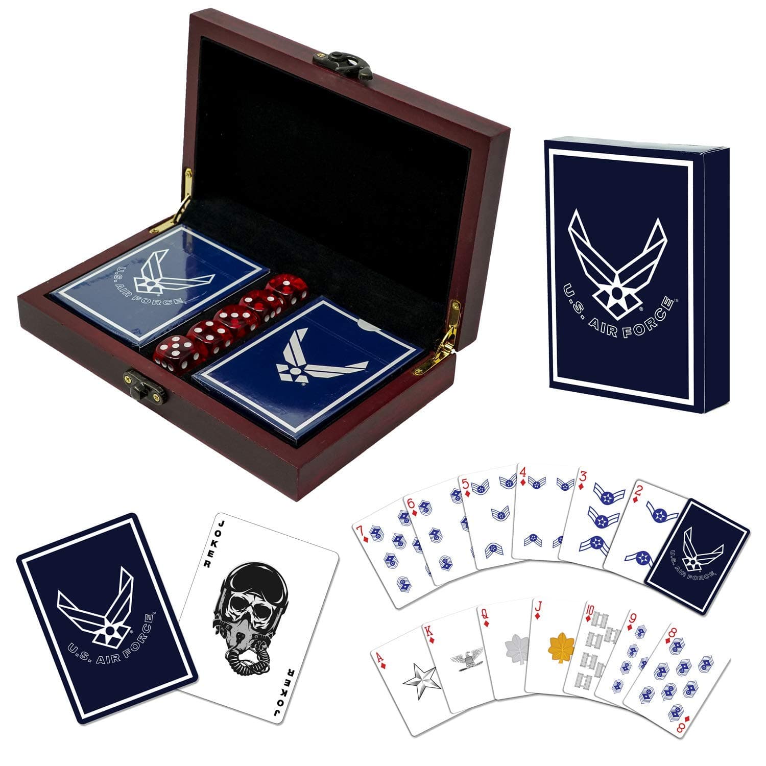 Military Gift Shop US Air Force Playing Cards & Dice in Keepsake Box - USAF Rank Insignia Cards | Air Force Card Set