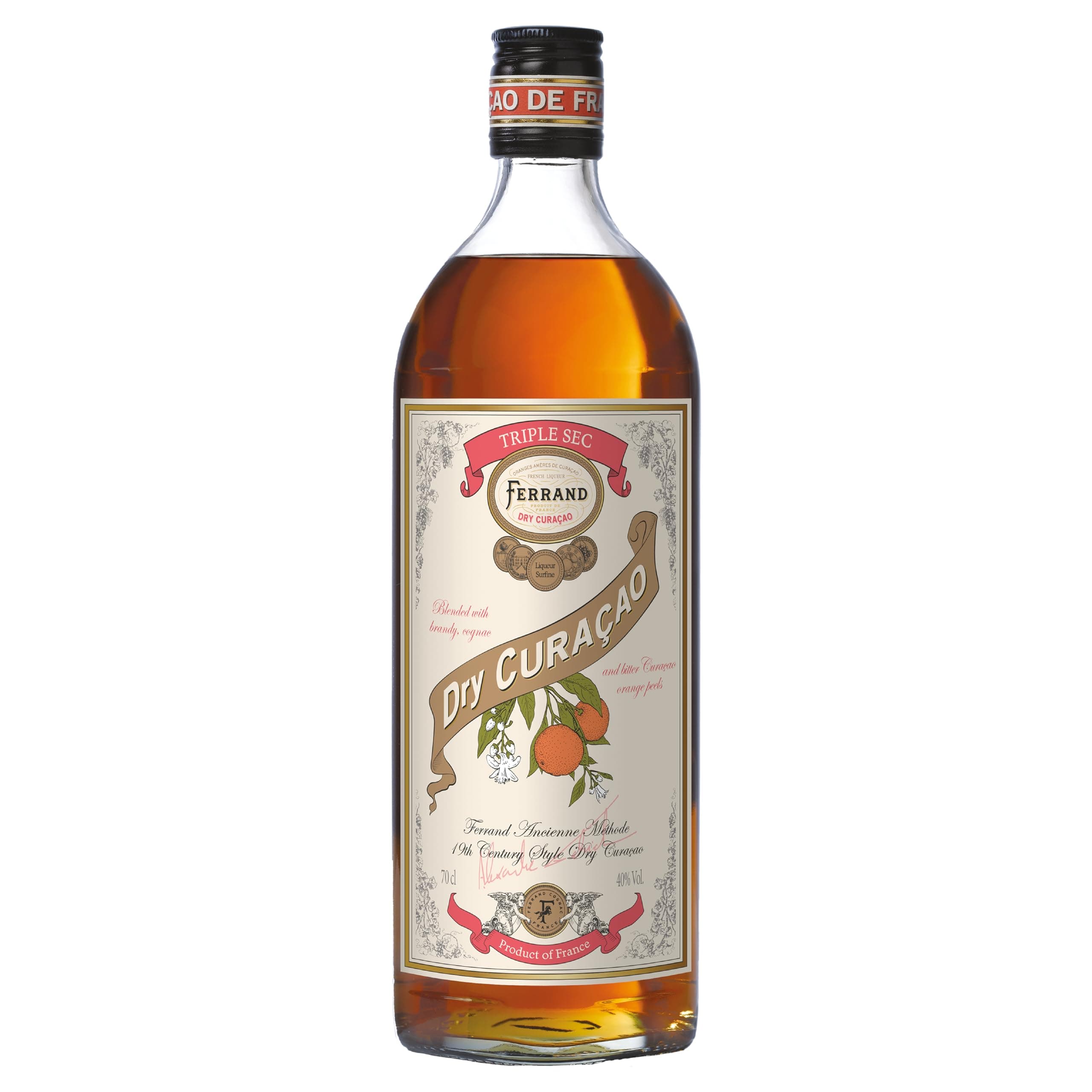 Ferrand Dry Curaçao Triple Sec Orange Liqueur 70cl, 40% ABV, French curaçao with Cognac, Laraha bitter orange peel, vanilla & spice for Margaritas, Sidecars & premium home-bar gifts