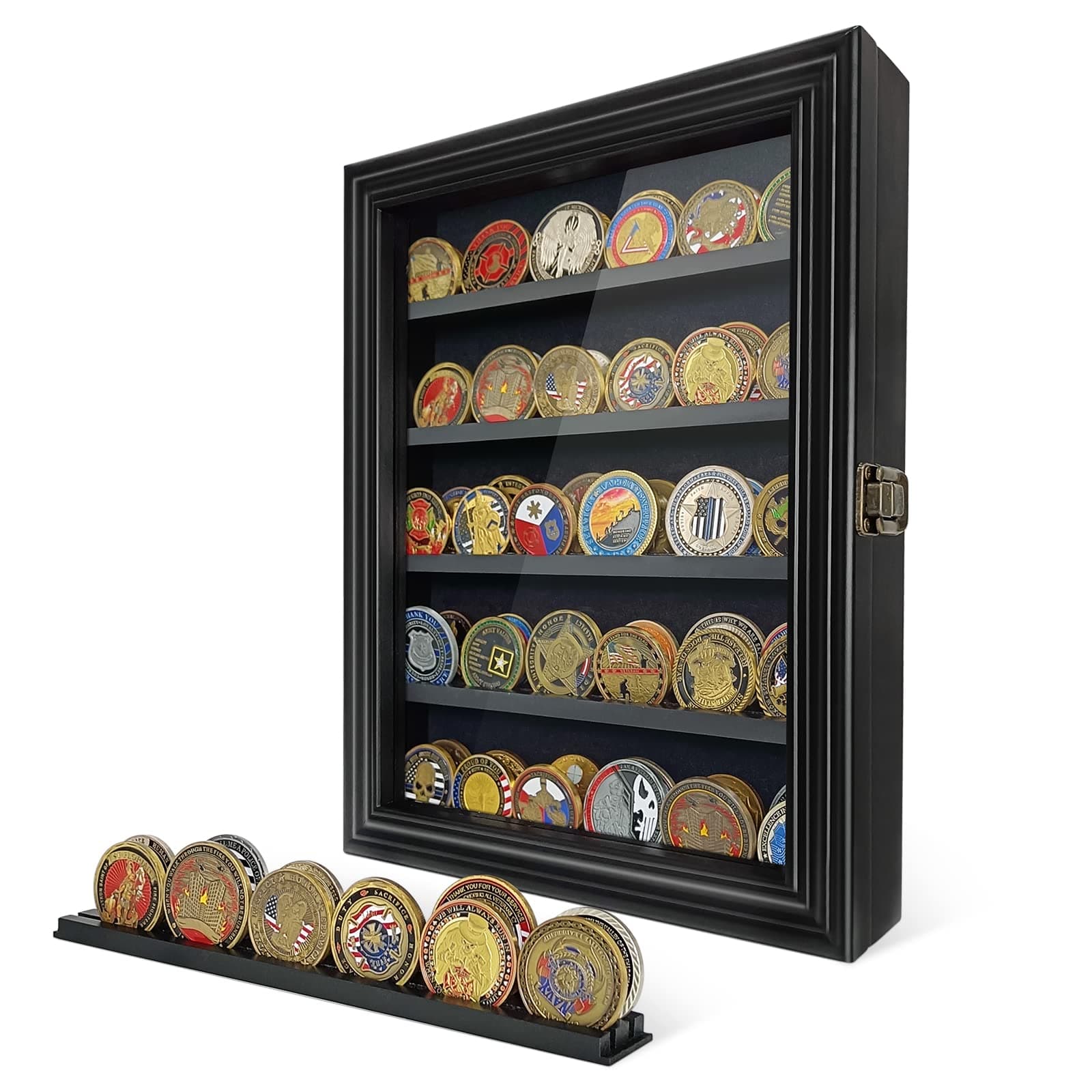 Military Challenge Coin Display Case with HD Tempered Glass - 5 Rows Medal Display Case Cabinet Rack Shadow Box with Removable 2 Grooves Shelves Poker Chips Coin Holder for Collectors, Black