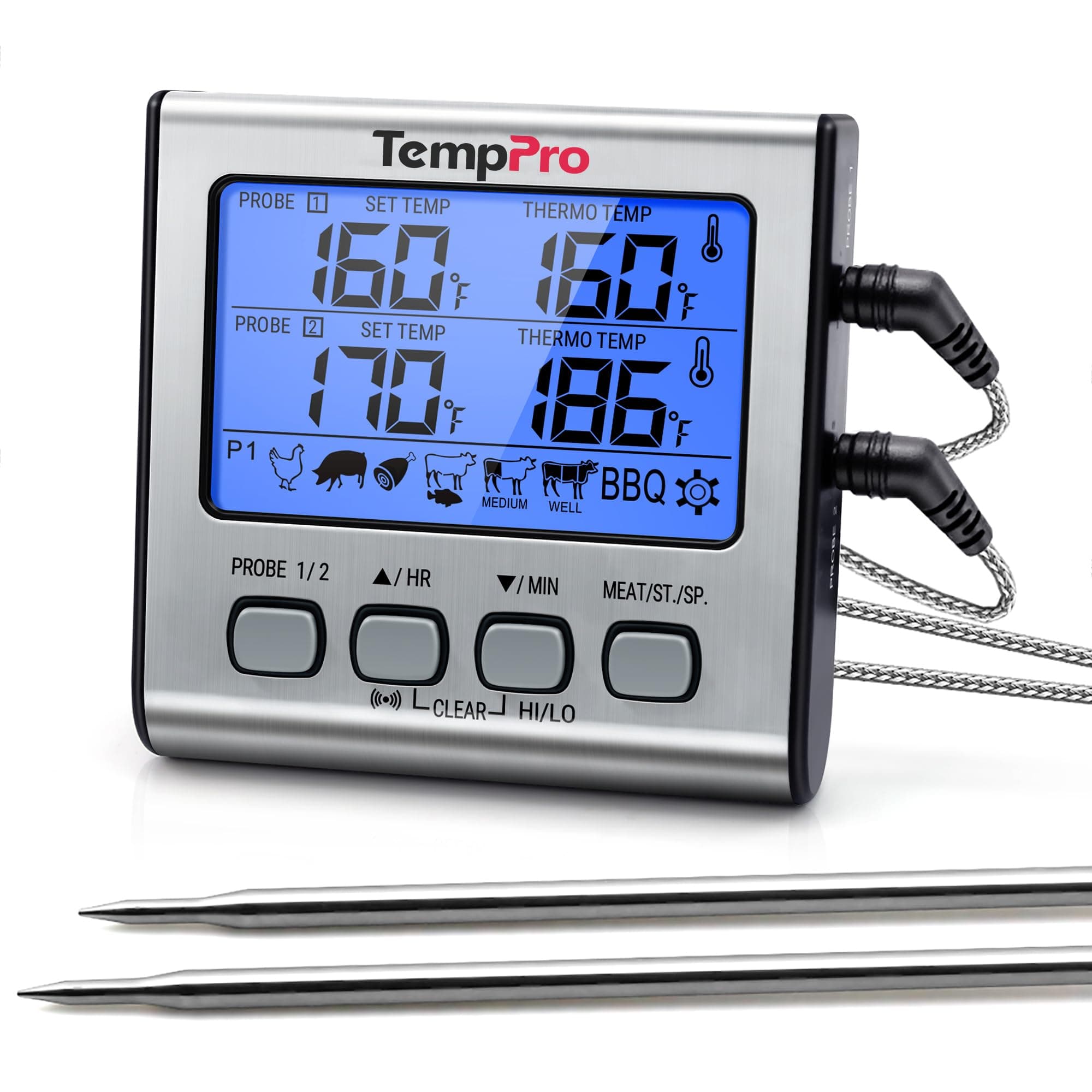 - ThermoPro TP-17 Dual Probe Digital Cooking Meat Large LCD Backlight Food Grill Thermometer with Timer Mode for Smoker Kitchen Oven BBQ, Silver