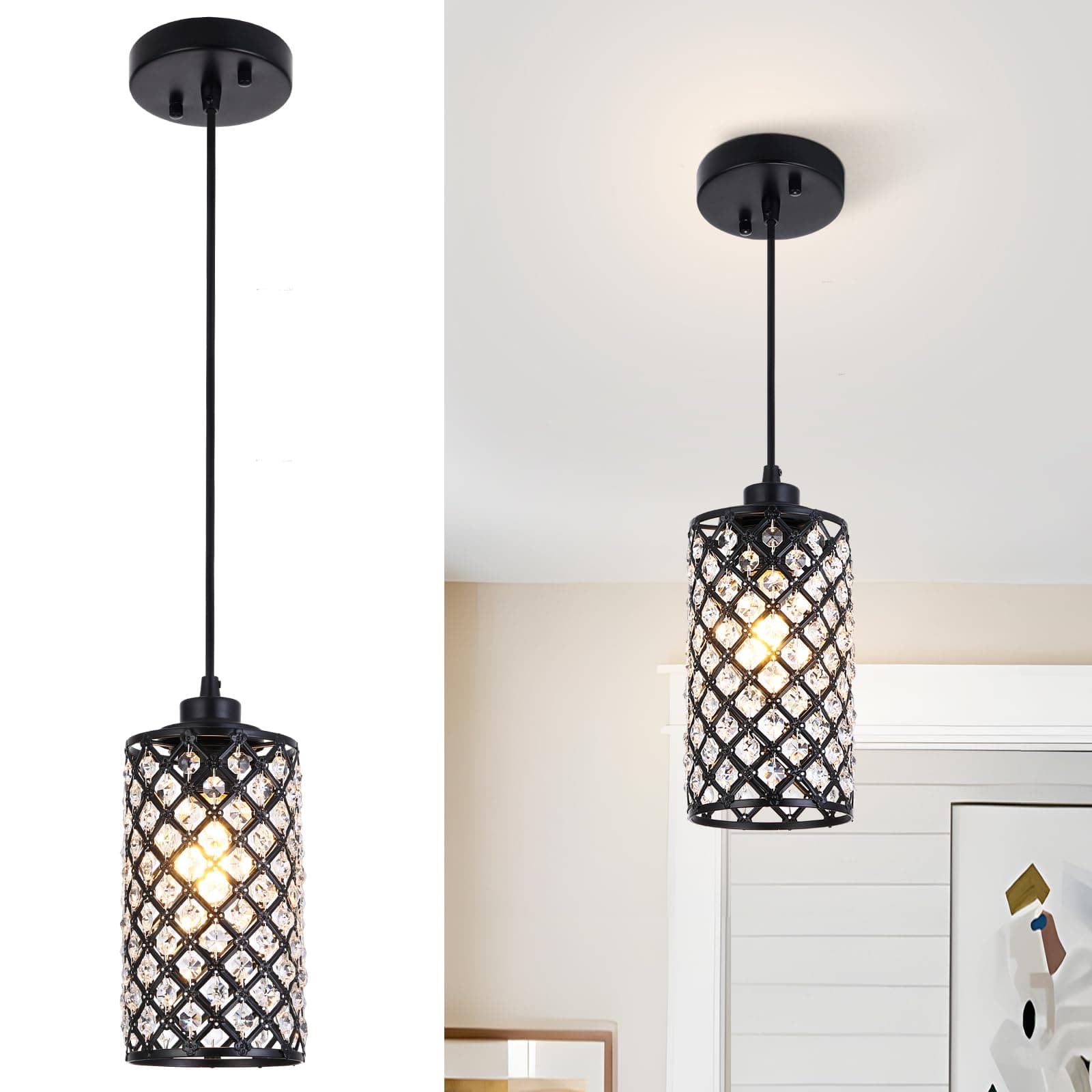 Black Farmhouse Pendant Light Fixtures Over Table, 1-Light Crystal Kitchen Island Pendant Light, Rustic Ceiling Hanging Lighting for Kitchen Island Dinning Room Kitchen Sink Lighting