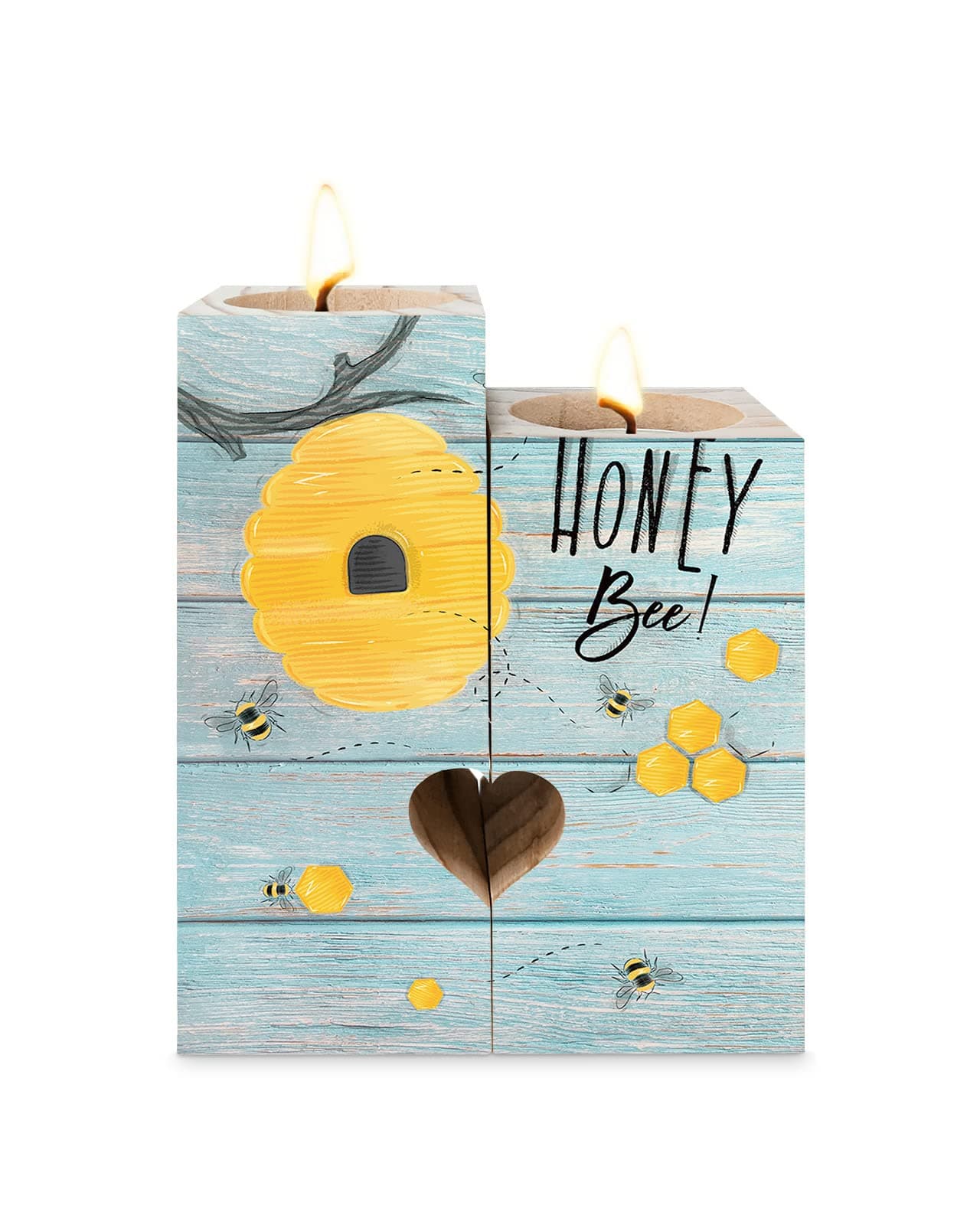 Wooden Candle Holders Heart Shaped Candlestick, Honey Bee Beehive Under Branch Blue Wooden Plank Candle Holder Set Decorative Candle Holders for Home Decor Personalized Women Gift