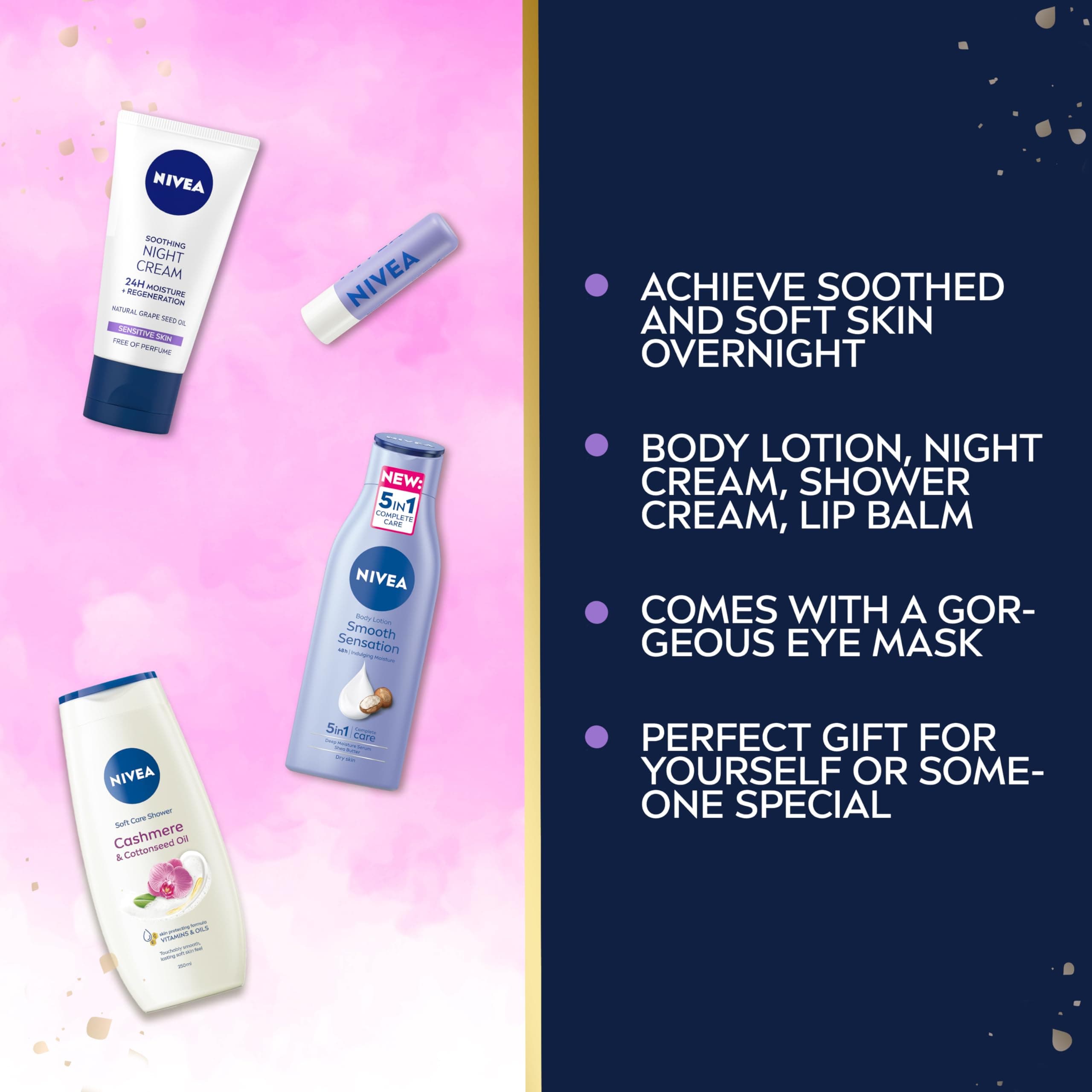 NIVEA Feel Dreamy Gift Set (5 Products), Women's Gift Set with Beauty Products, Includes Shower Cream, Body Lotion, Night Cream, Lip Balm, and Eye Mask