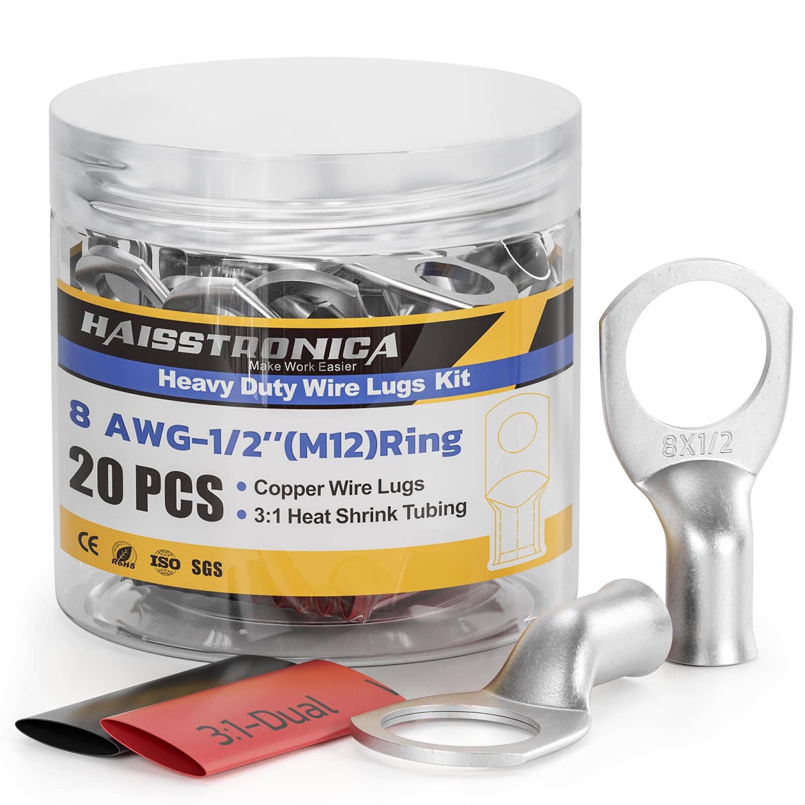 haisstronica 20pcs 8 AWG - 1/2" (M12) Tinned Copper Battery Lugs, Heavy Duty Copper Wire Lugs with 10pcs 3:1 Adhesive Heat Shrink Tubing, 8 Gauge Wire Lugs, Tinned Copper Battery Cable Ends