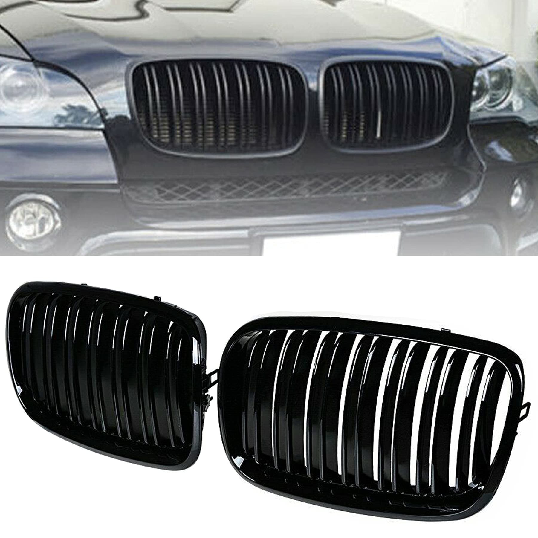 Front Bumper Kidney Grille Grill Glossy Black Compatible with 2007-2014 BMW X5 E70 X6 E71 Dual Slat Double Line
