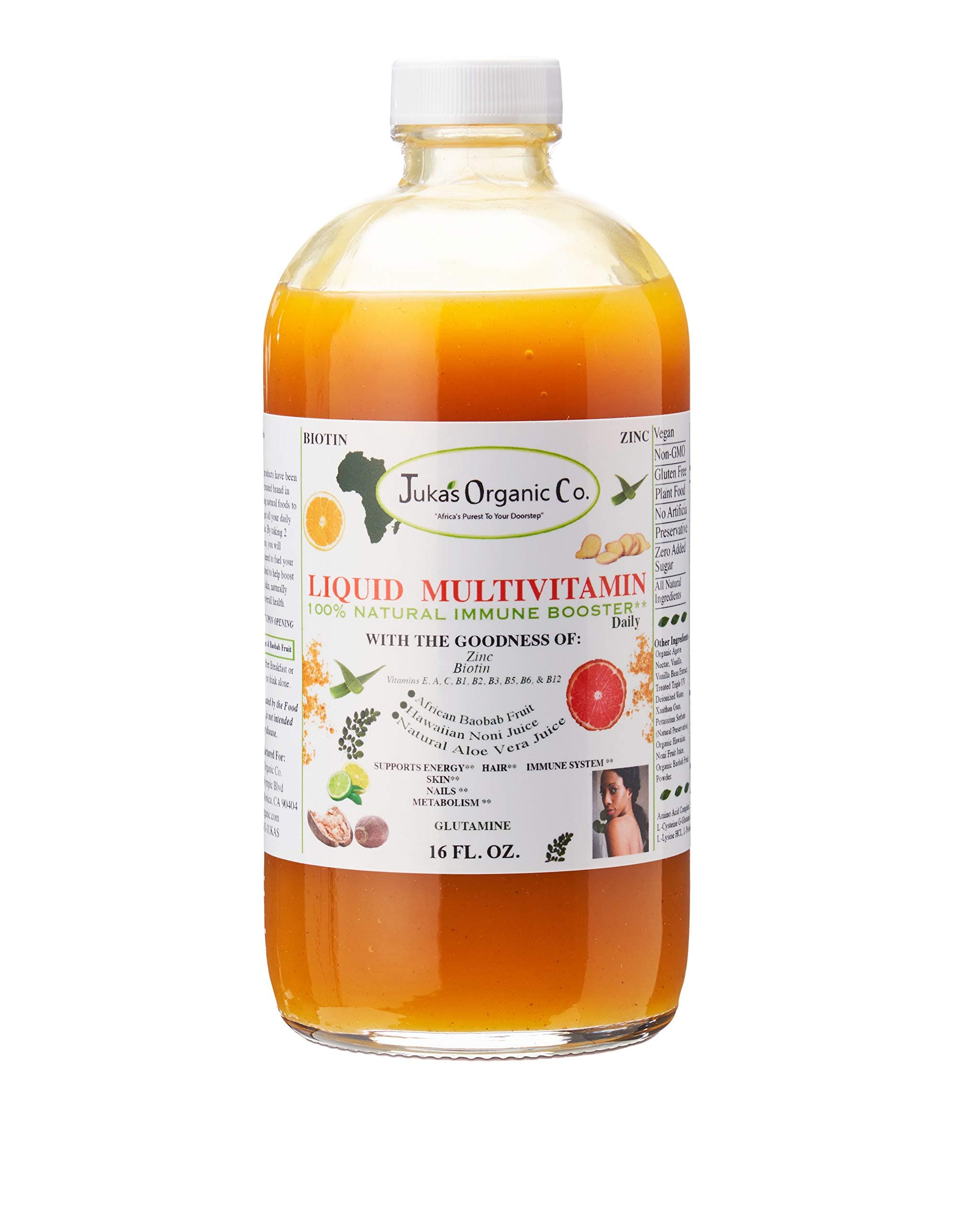 Liquid Multivitamin by Juka's Organic Co. For SKIN | HAIR | NAILS with Zinc | Biotin |Baobab | Vitamin A-E |Traced Minerals, Amino Acid | Boost Immune, Energy & Digestive System In Glass Bottles 16oz