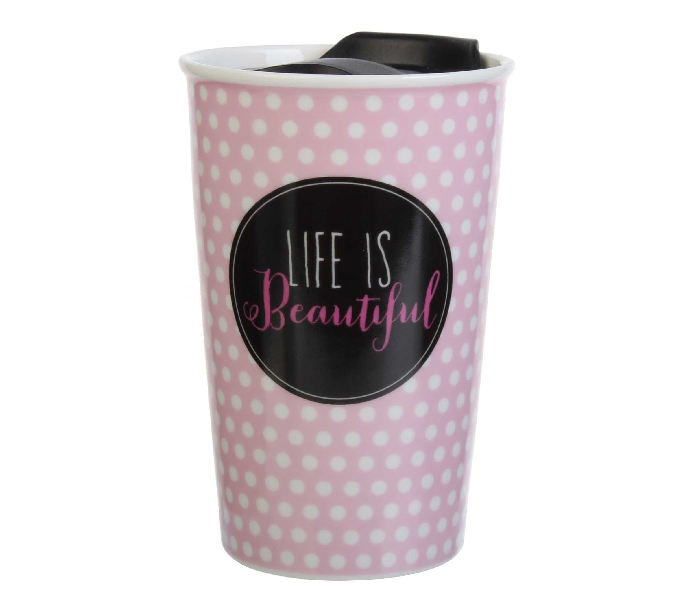 Life is Beautiful Ceramic Double Wall Travel Mug with Lid (Set of 4), 9 oz, Multicolor