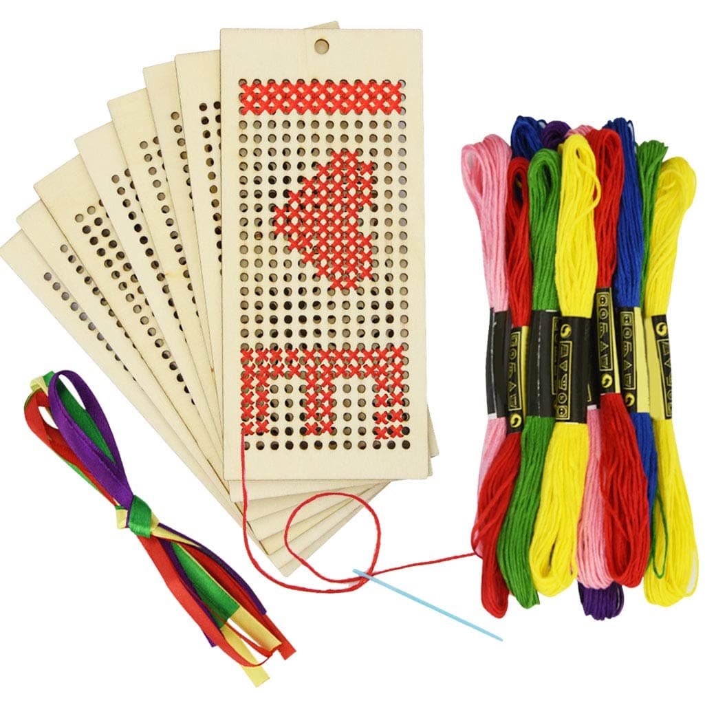 Pistha 8Pcs Art and Crafts Sewing Wooden Bookmark Stitch Embroidery Kit + 12pcs Sewing Threads for Beginner and Teens(Not Include Instructions)