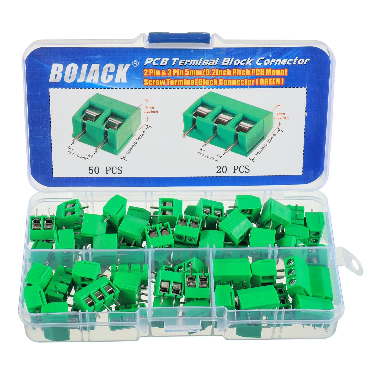 BOJACK Green 5MM 2-Pin & 3-Pin Pitch PCB Mount Screw Terminal Block Connector for Arduino and Home Electronics Projects (Pack of 70)