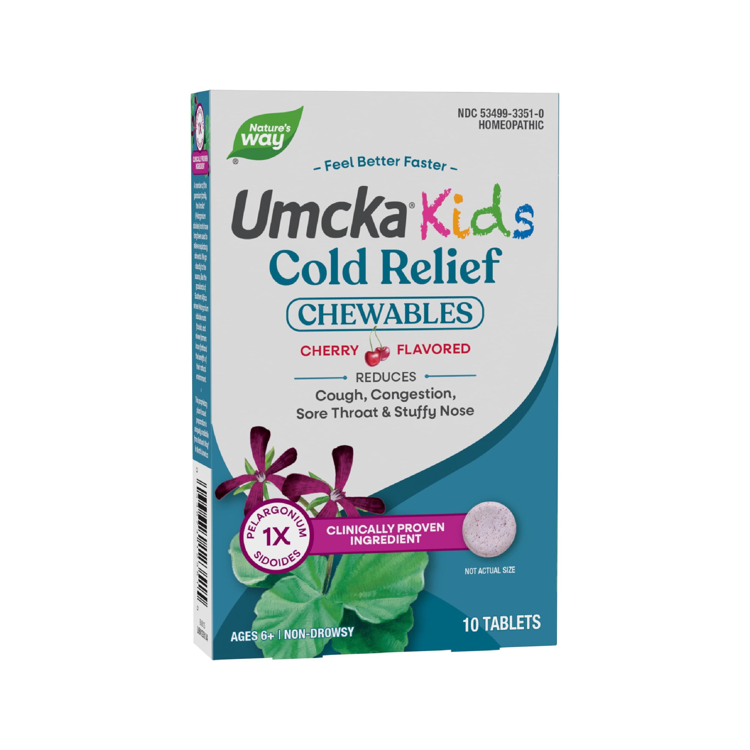 Kids Cold Relief Chewables, Umcka, Ages 6+, Shortens Duration and Reduces Severity, Multi-Symptom Cold Remedy, Non-Drowsy, Cherry Flavored, 10 Tablets