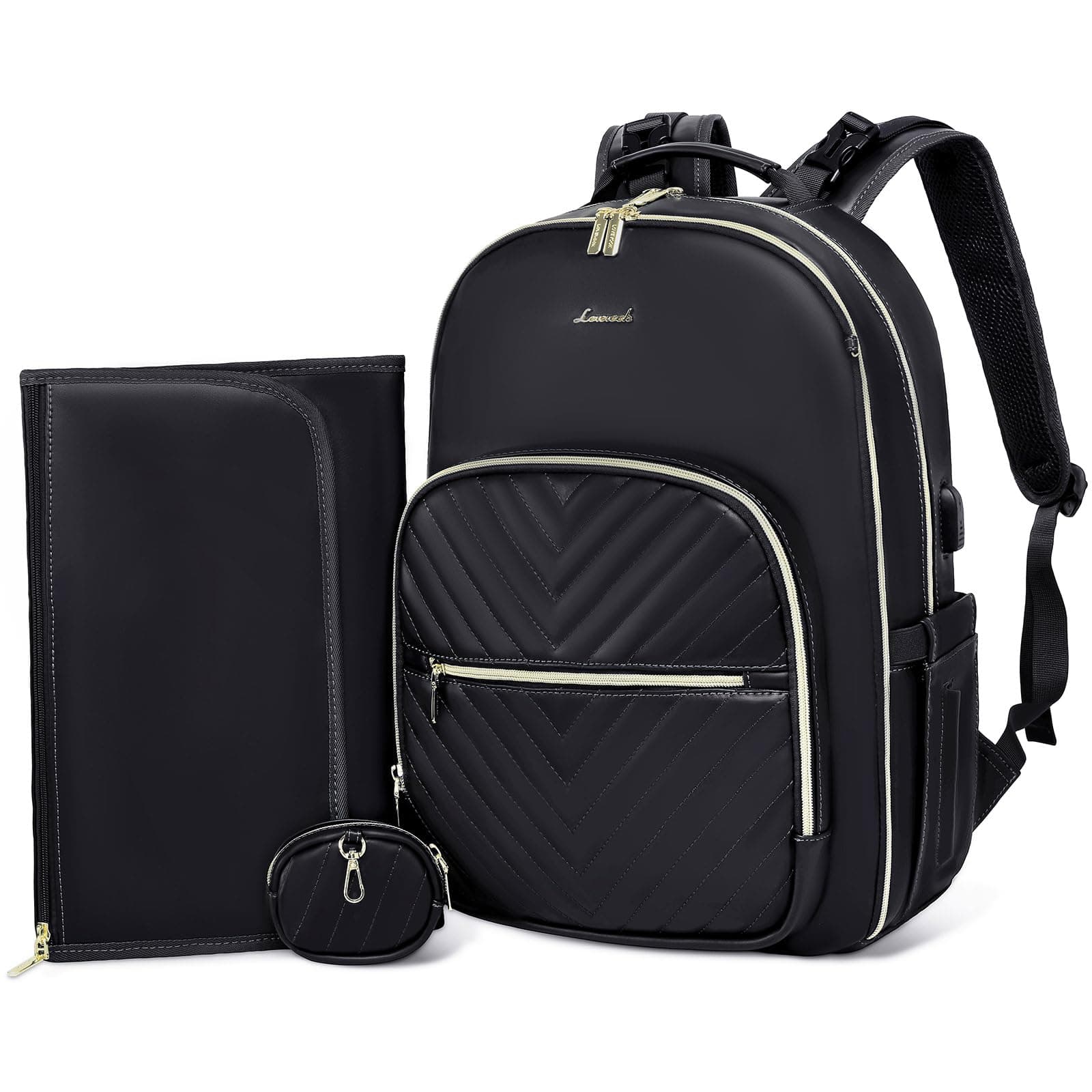 LOVEVOOK Leather Diaper Bag Backpack, Quilted Baby Bag with Changing Pad & Pacifier Holder, Waterproof Travel Diaper Bags for Baby Boys Girls, Stylish and Large Capacity, Black