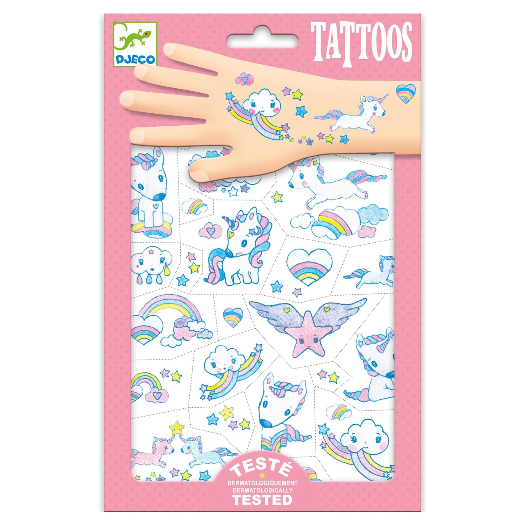 Djeco Unicorns Glitter Temporary Tattoos for Kids Pink Glitter Unicorn Designs Easy Water Transfer Pre Cut Dermatologically Tested Creative Party Activity Craft Gift Set