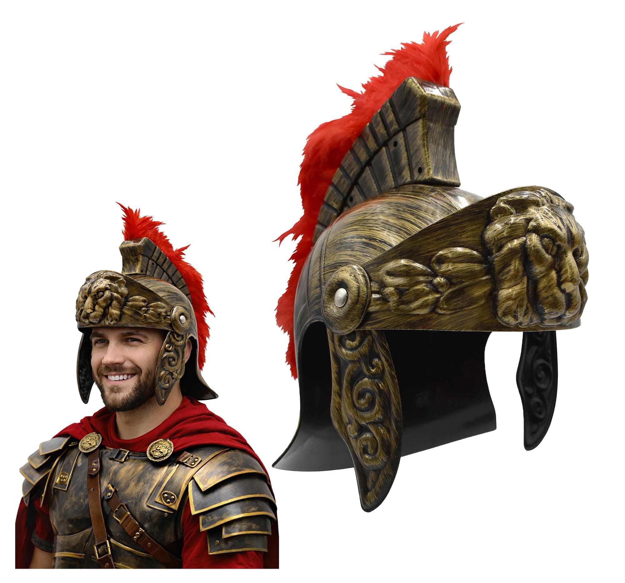 Roman Helmet with Red Feather Plume - Greek Gladiator Costume Helmets - Trojan Legion Helmet, One Size