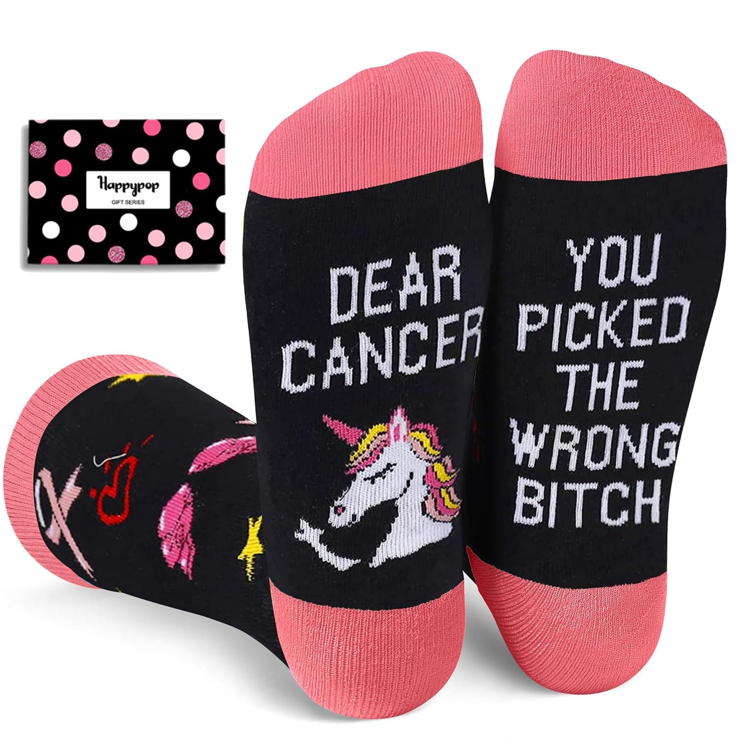 HAPPYPOP Cancer Awarenesss Gifts - Women Men Socks for Breast Cancer Survivor Chemo Patient