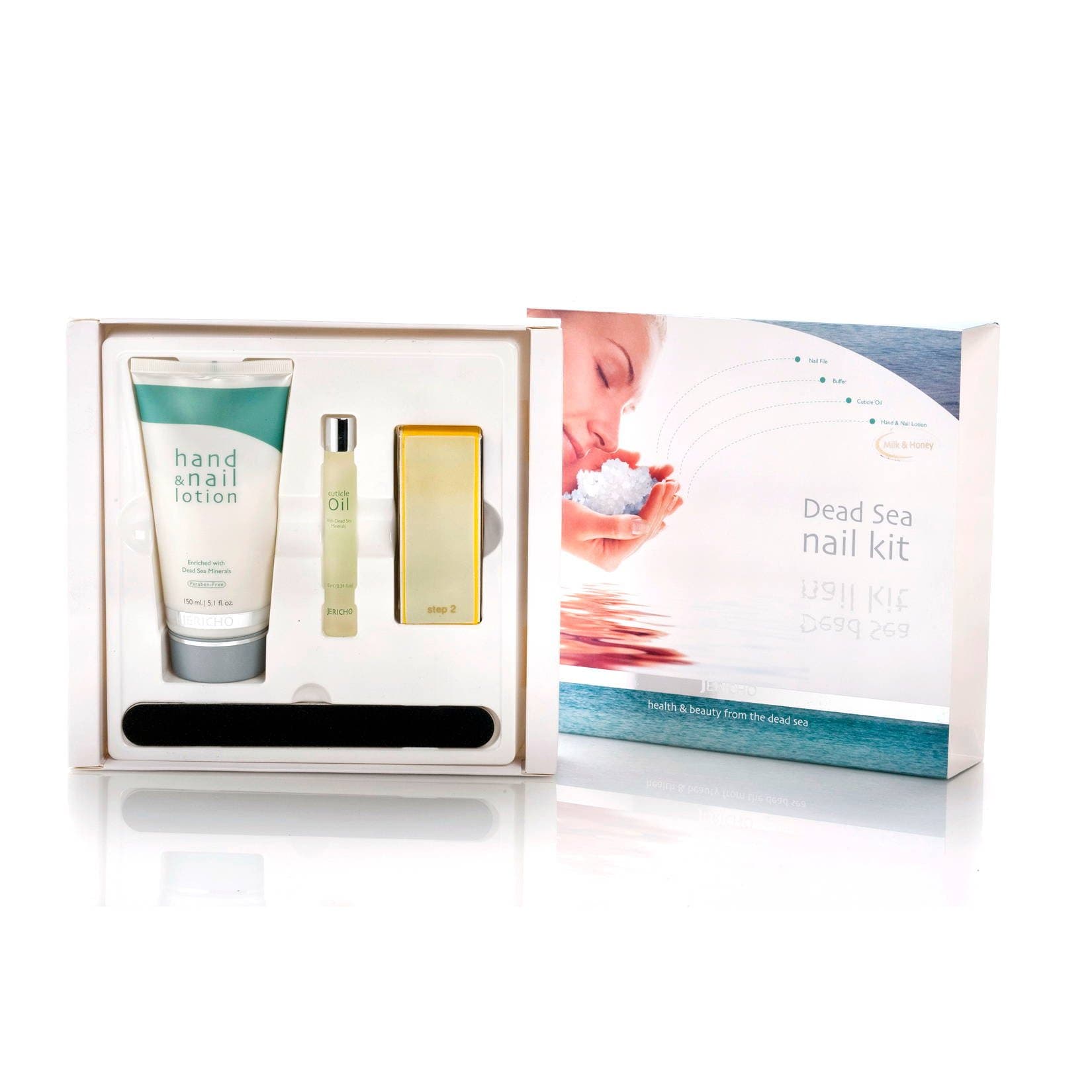 Jericho Cosmetics Nail Care Kit with Minerals from the Dead Sea - Nail Care Set Includes: Cuticle Oil, Mineral-Based Hand Cream, Nail File and Buffer (Milk & Honey)