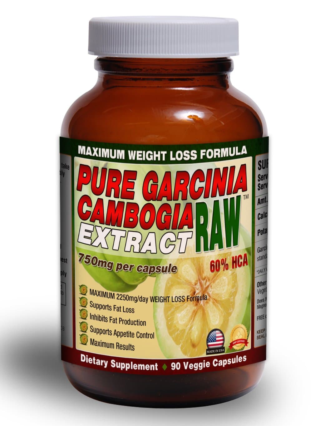 #1 Pure Garcinia Cambogia. 2250mg/day formula. 750mg/cap. 90 caps. 60% HCA. Maximum Weight Loss (90 Veggie Capsules - 1 Month Supply)
