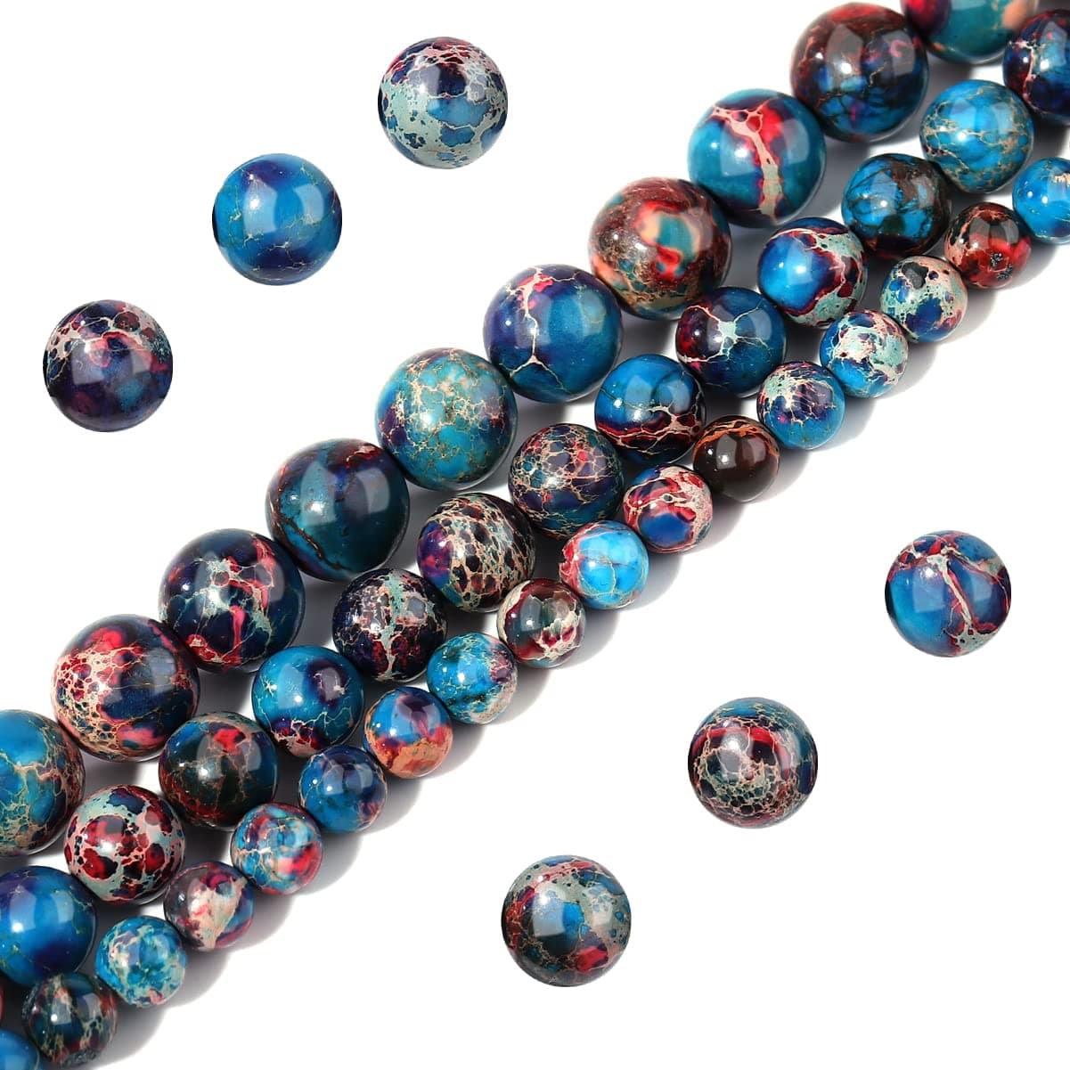 Natural Stone Beads 10mm Red Blue Imperial Jasper Polished Round Smooth Gemstone Beads for Jewelry Making Adults 15 Inch(Red Blue Imperial Jasper,10mm)