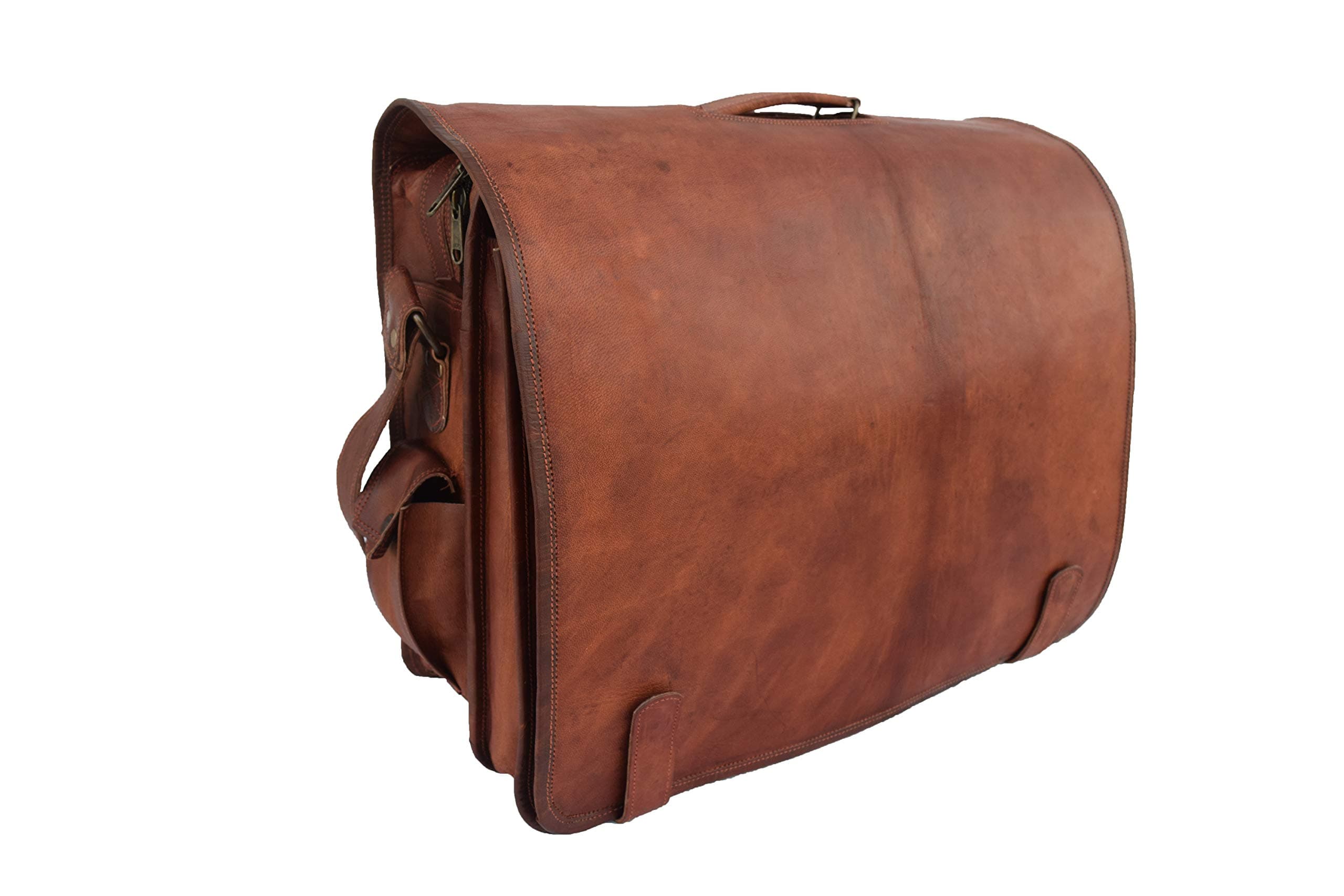 Large 18" Vintage Leather Office Briefcase, Laptop Satchel, Business Messenger Shoulder Bag