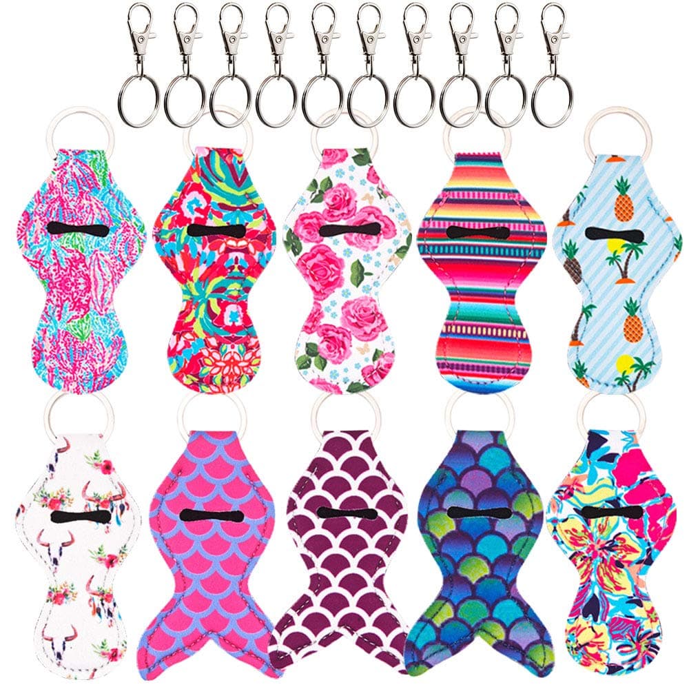 Lip Balm/Chapstick Holder Keychain with 10 Metal Clip Cords, Vibrant Color, Lightweight, Chapstick Tracker and Safeguard, 10 Pack