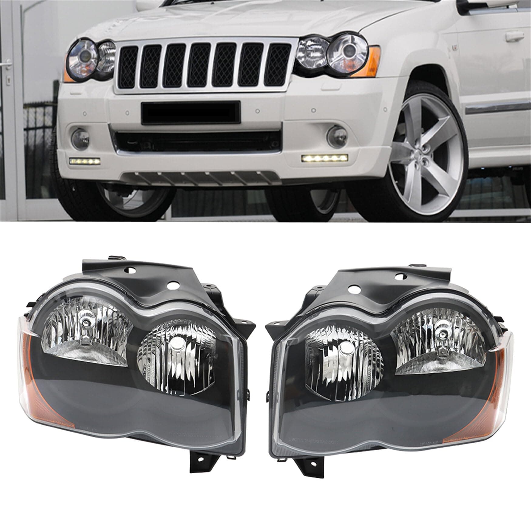 WFLNHB Headlight Assembly Replacement for Grand Cherokee 2008-2010 Black Headlights Assembly Set Driver ＆ Passenger Side 55157482AE, 55157483AE