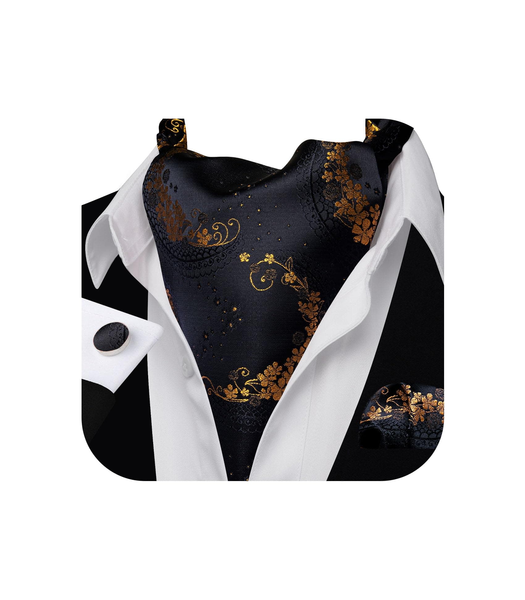 Mens Silk Cravat Tie Paisley Woven Paisley Fashion Ascot and Pocket Square Cufflinks Set Wedding Formal