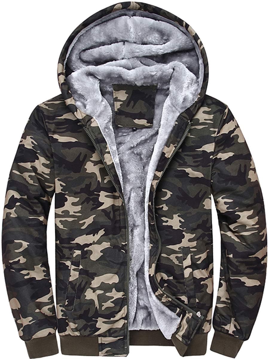 WIEAYUMEIMen Hoodies Fleece Zip up Hooded Sweatshirts Pullover Warm Jackets Winter Fuzzy Sherpa Lined Camouflage Coats