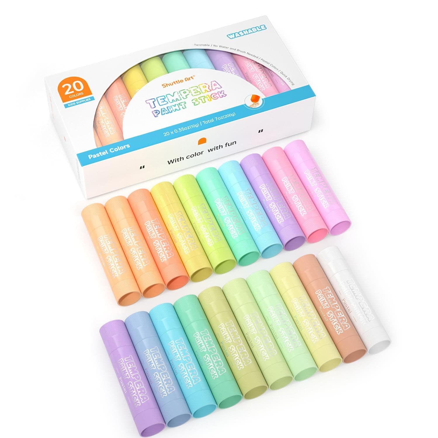 Shuttle Art Tempera Paint Sticks, 20 Pastel Colors, Solid Tempera Paint for Kids, Super Quick Drying, Works Great on Paper Wood Glass Ceramic Canvas