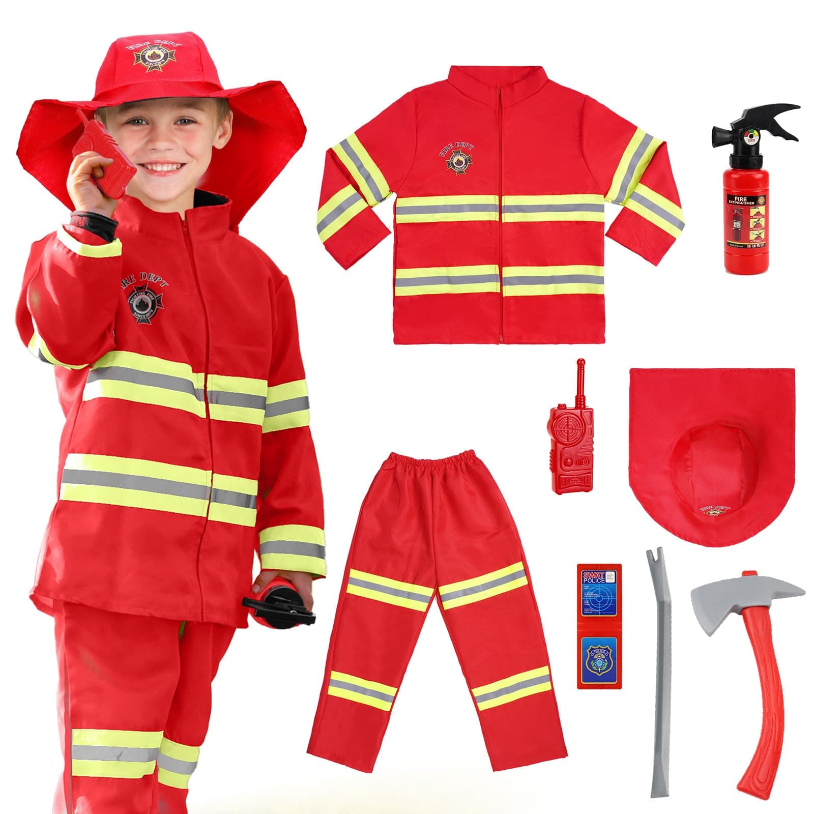Kids Fireman Costume, Kids Firefighter Costume and Accessories, Children Role Play Halloween Costumes, Dress Up Firefighter Outfit for Boys and Girls, Halloween Cosplay Fancy Dress