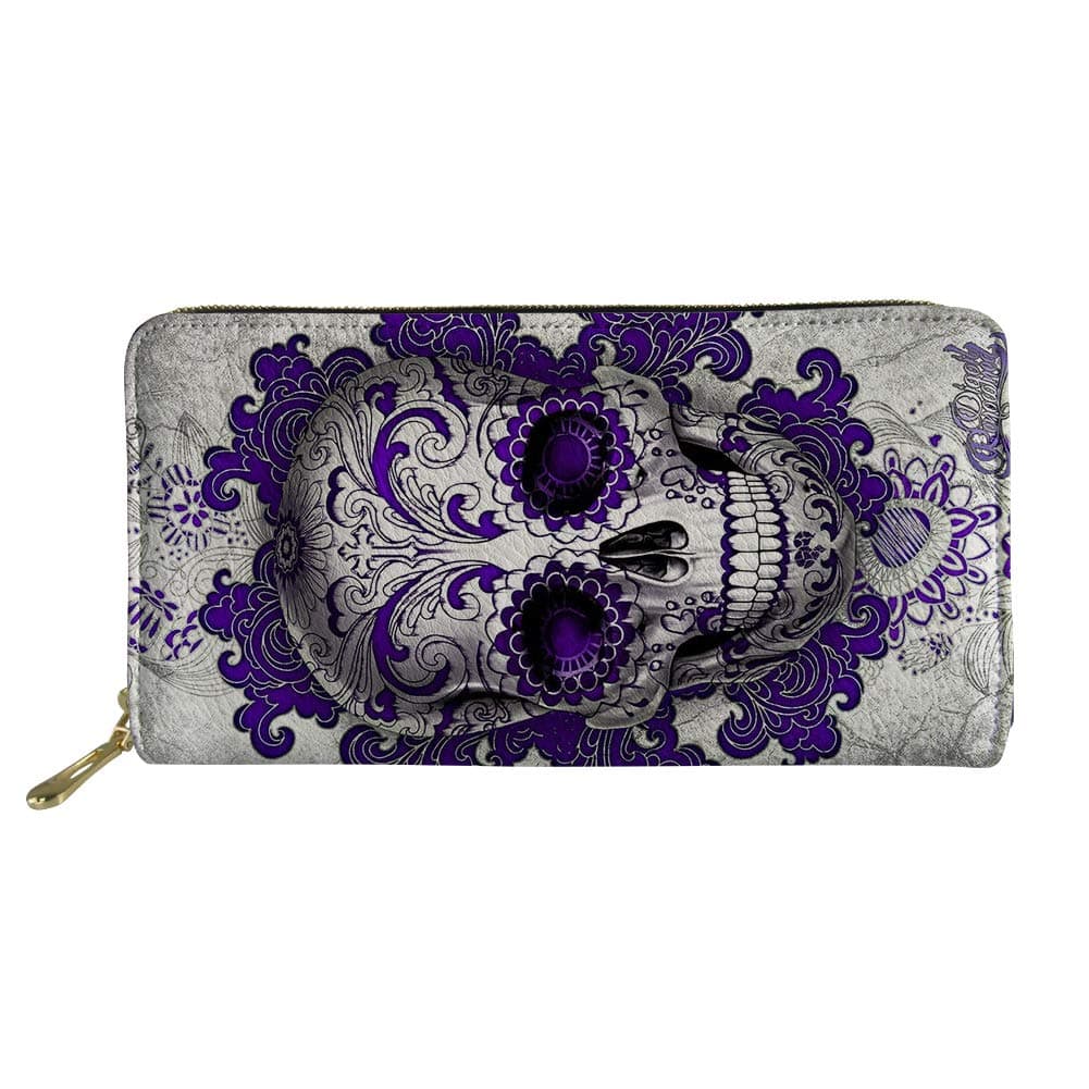 BinientySugar Skull Purple Print Slim Wallet for Women Girls, Credit Card Holder Leather Purse