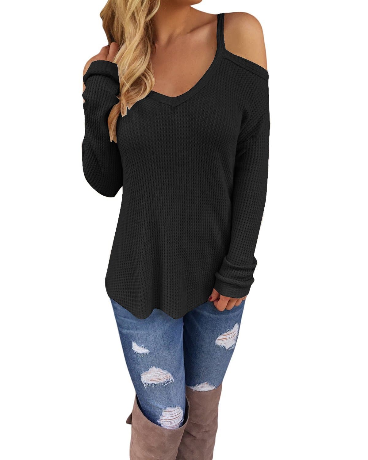 STYLEWORD Women's V Neck Cold Shoulder Loose Fit Knitted Pullover Sexy Casual Sweater Long Sleeve Top
