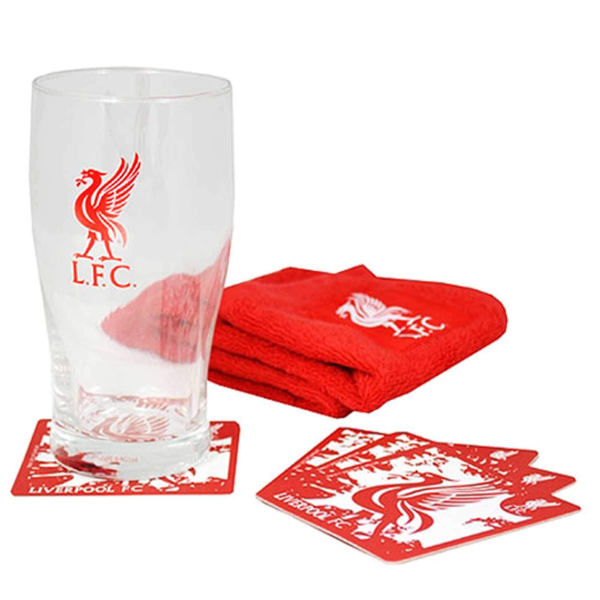 sufe L.F.C Official Liverpool Football Crest Pint Glass Mini Bar Set (Pint Glass, Coasters & Bar Towel)