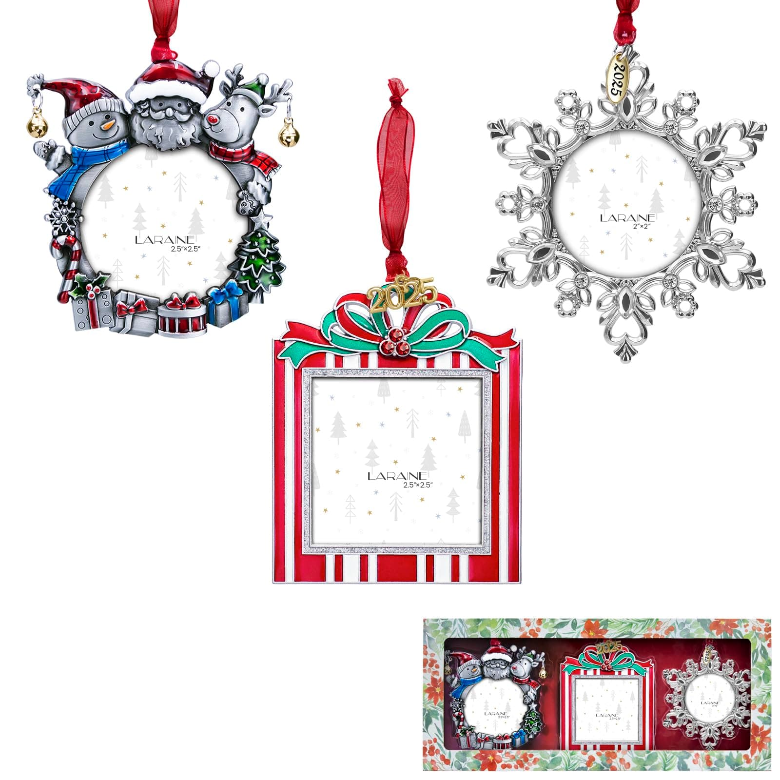 Laraine Christmas Tree Ornaments – 3-Piece Decorative Hanging 2025 Holiday Keepsake Gift Pendant with 2” Photo Frame Insert for Picture of Pet (3-Piece Gift Set (2025))