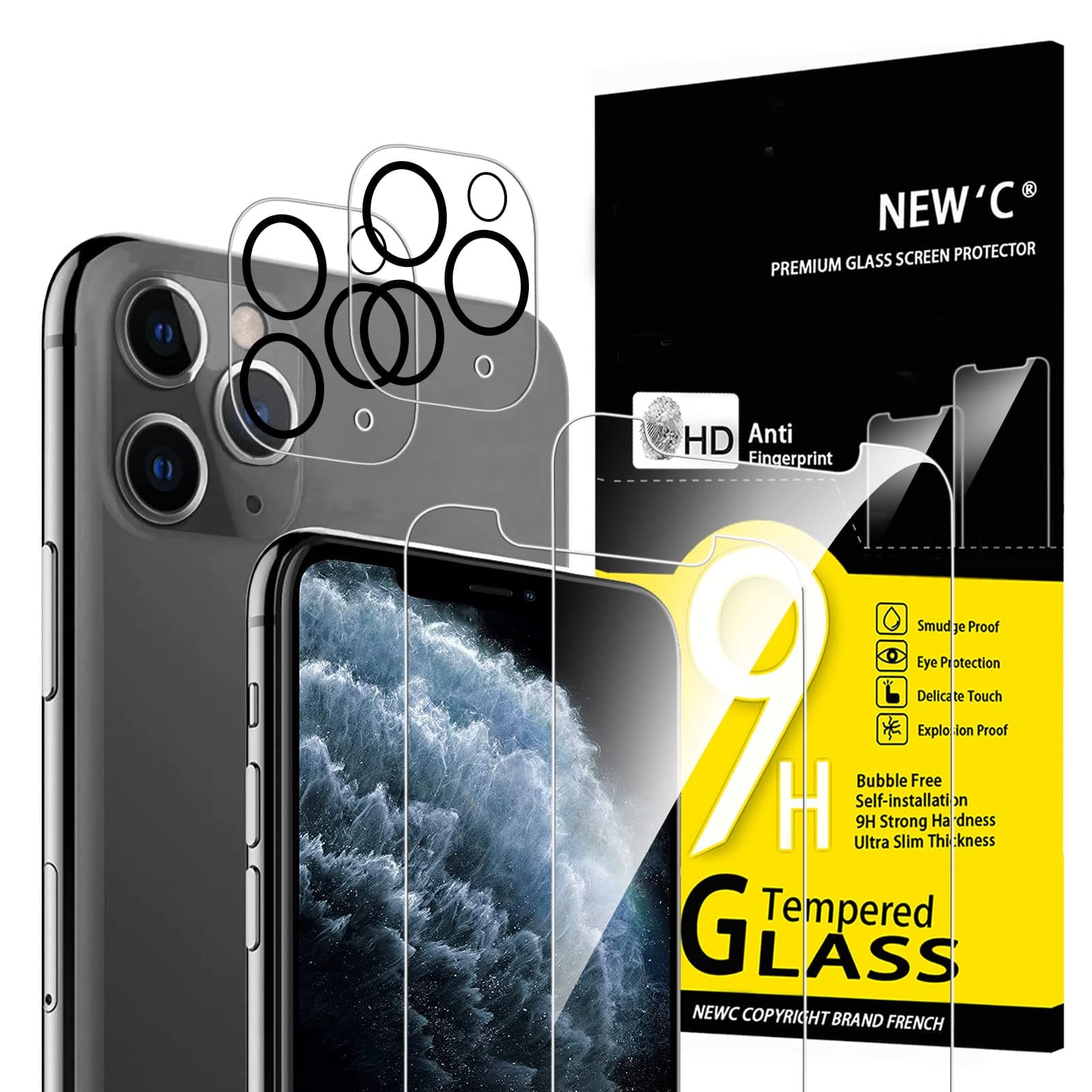 NEW'C 4 Pack, 2 Pack for iPhone 11 Pro Screen Protector + 2 Pack Camera Lens Protector, Sensor Protection,Case Friendly Tempered Glass Film