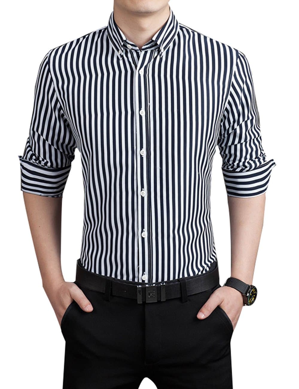 Men's Casual Business Vertical Striped Button Down Long Sleeve Dress Shirts