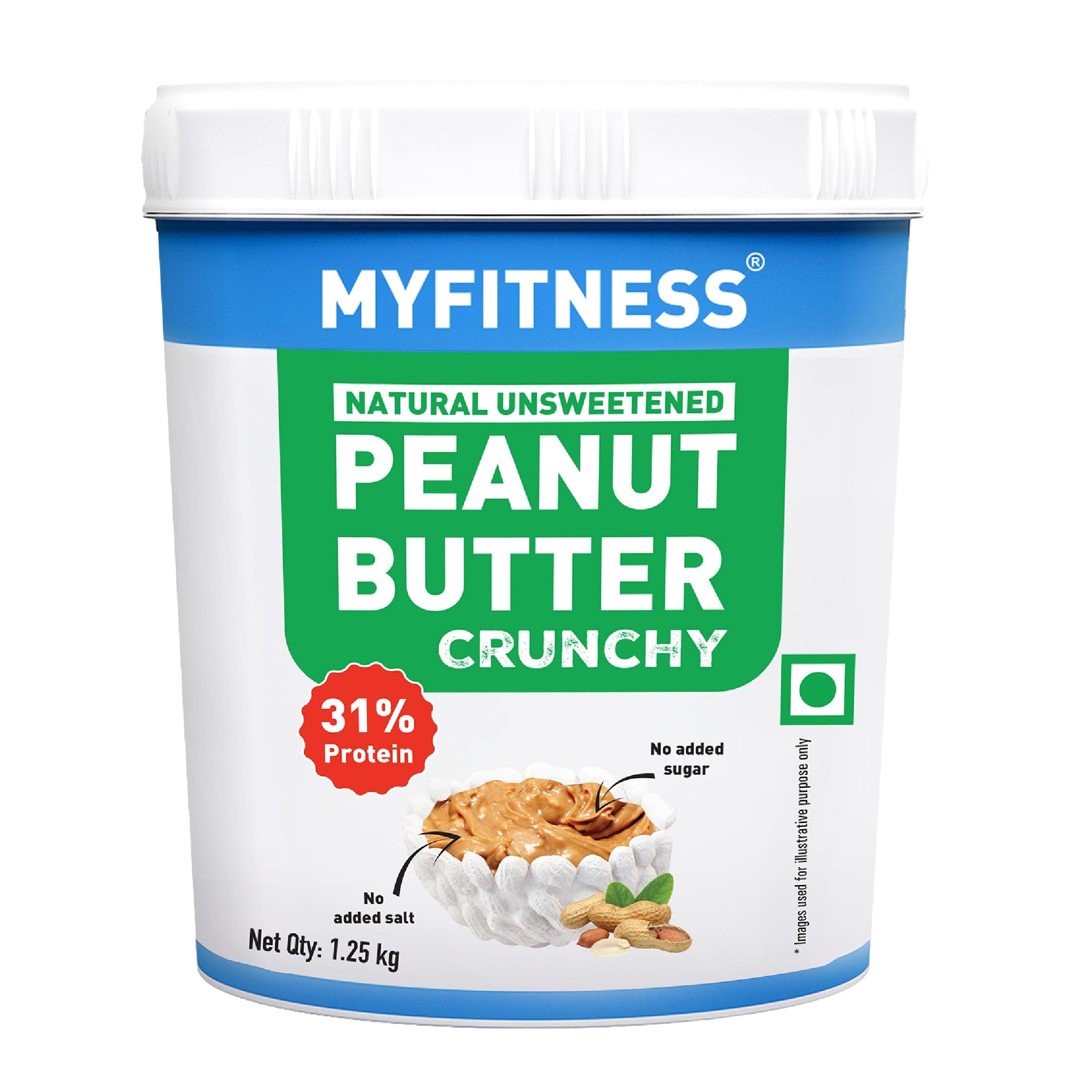 MYFITNESS All Natural Peanut Butter Crunchy 1.25kg | 32g Protein | Unsweetened | No Added Sugar or Salt | No Palm Oil | Nut Butter Spread for Pre & Post-Workout | Cholesterol Free | Zero Trans Fat