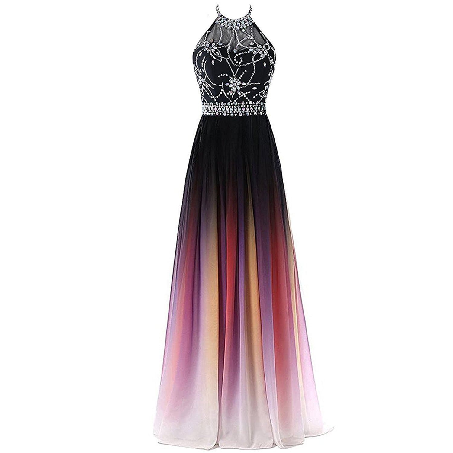 Kivary Sheer Beaded Halter Gradient Ombre Chiffon Long Prom Evening Dresses