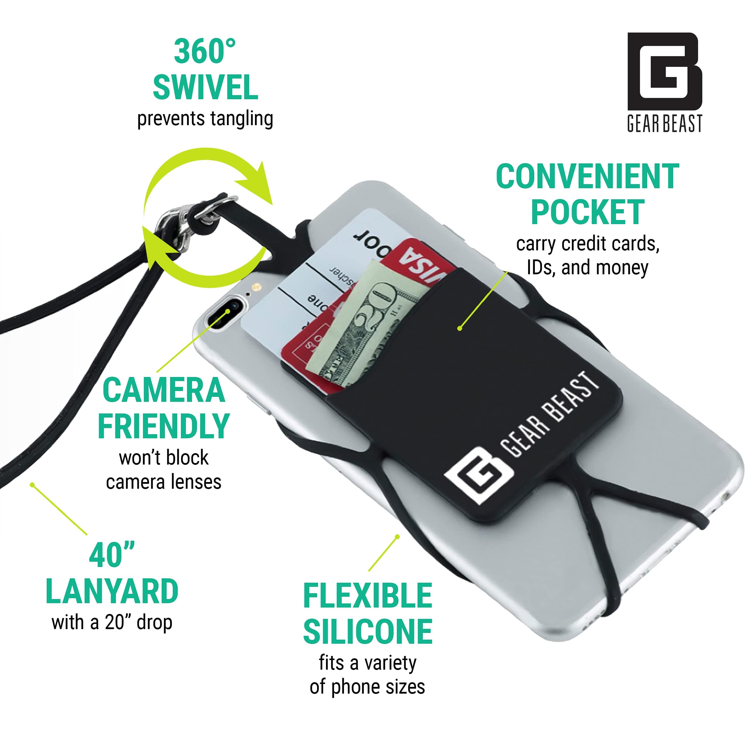 Gear Beast Cell Phone Lanyard - Universal Neck Phone Holder w/Card Pocket and Silicone Neck Strap (Black)