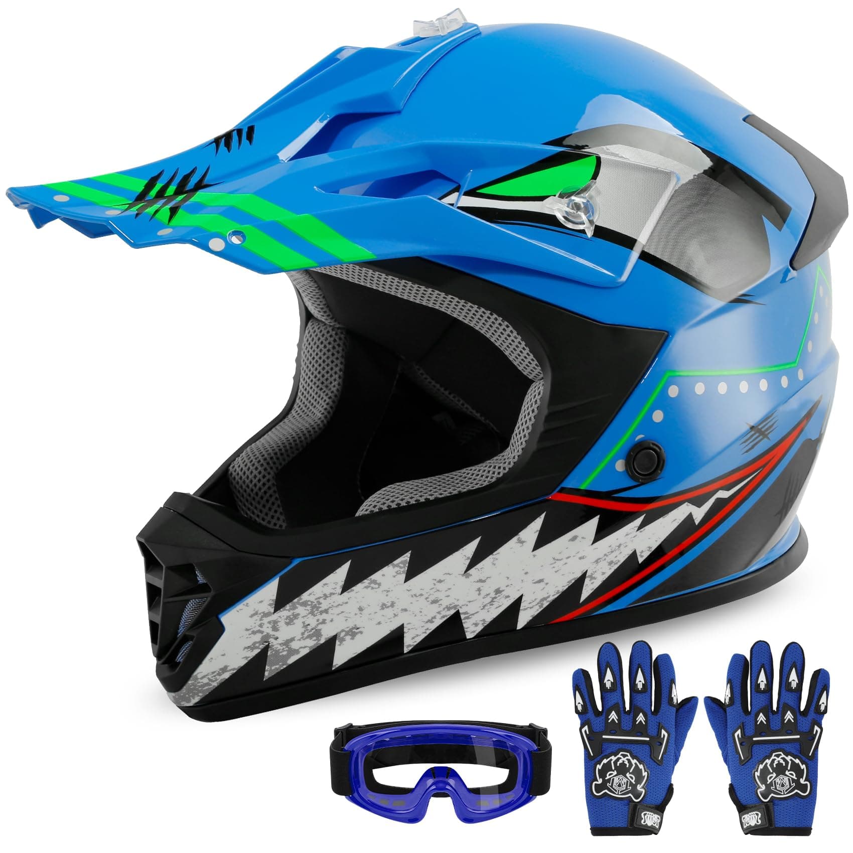 XFMT Kids Dirt Bike Helmet Youth Motorcycle Helmet DOT-Certified Full Face Helmets for Motocross ATV Off-Road Street Bike with Goggles & Gloves, Blue Shark Small