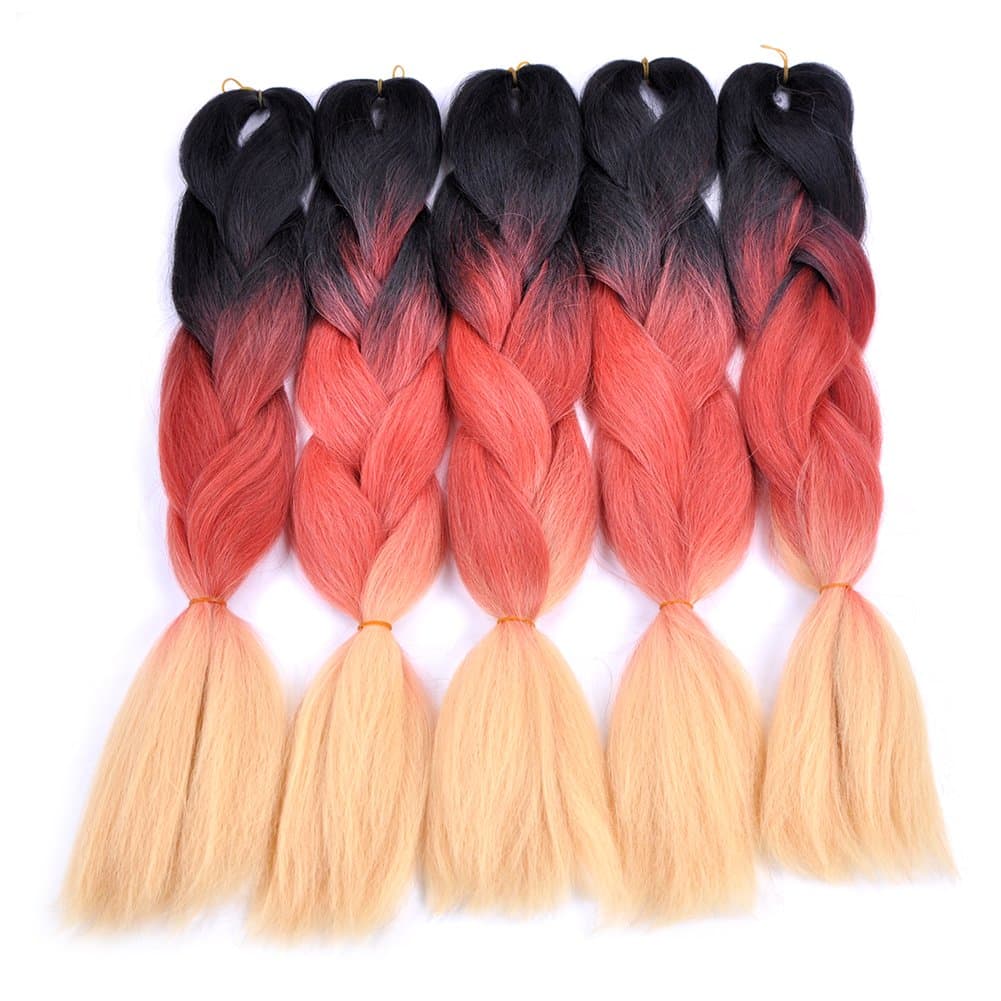 Jumbo Braiding Hair Kanekalon 5pcs/lot (black/brick red/yellow orange) Afro Synthetic Braiding Hair Extension 24" Ombre Colors