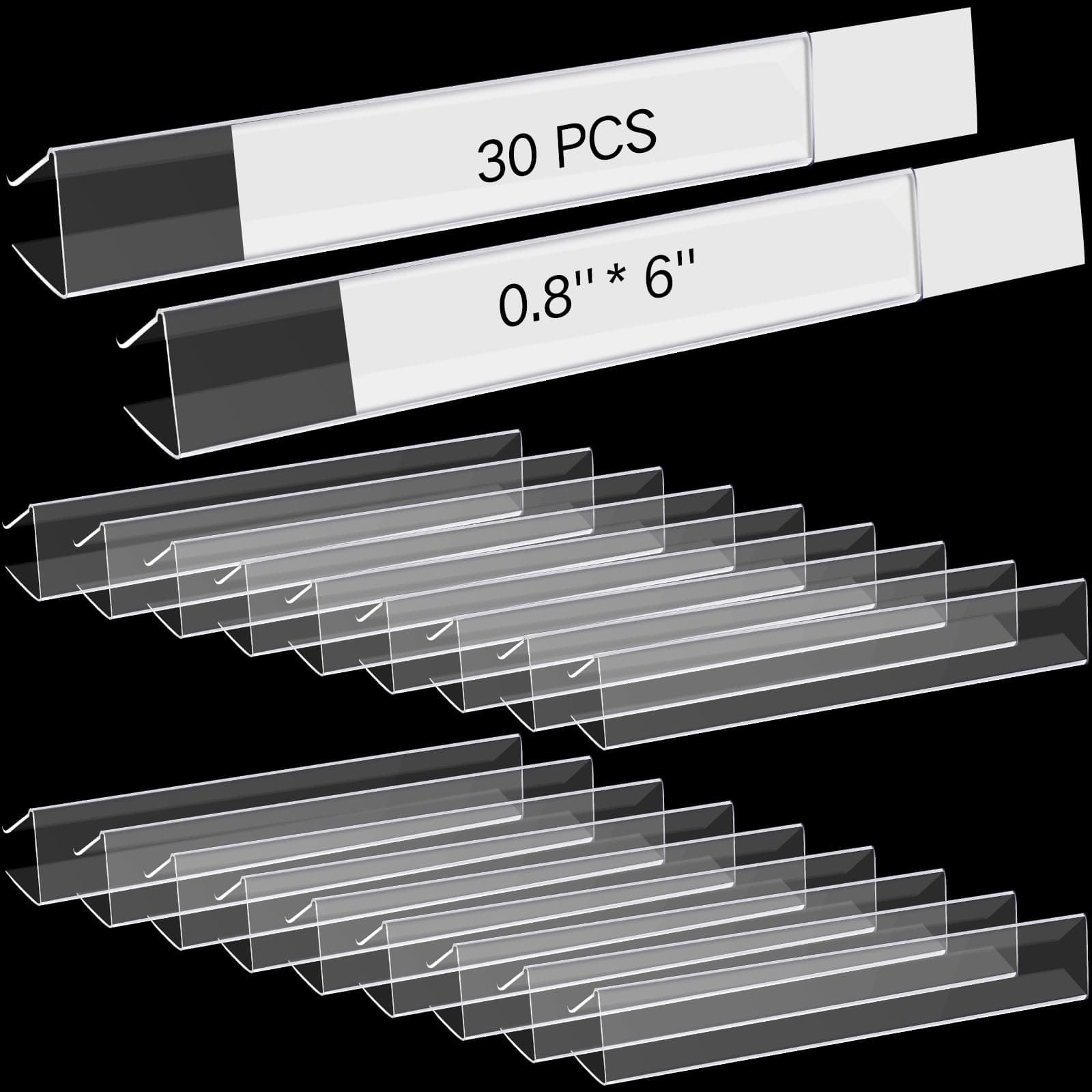 Teling Clear Plastic Clip Shelf Label Holder Wood Shelf Sign and Ticket Holder 0.87 x 5.91 Inch Label Clips for Shelf Rack Book, Includes Label Inserts (30)