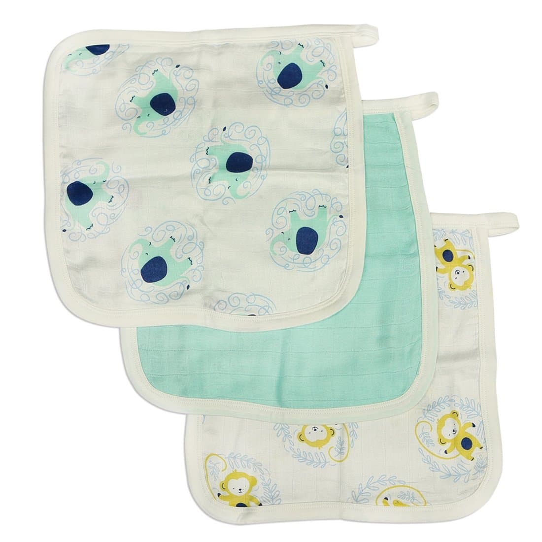 Silkberry Baby Bamboo Muslin Washcloth Set 3 Pack Elephant Mint Monkey