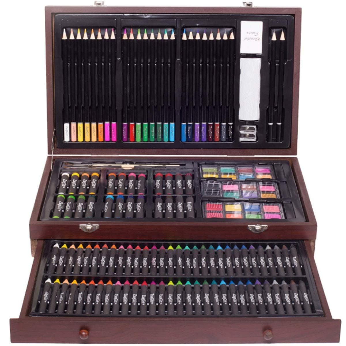 ZagGit 143 Piece Deluxe Art Supplies Set in Portable Wooden Case | Crayons, Oil Pastels, Colored Pencils, Watercolor Cakes, Sharpener, Sandpaper & Much More!