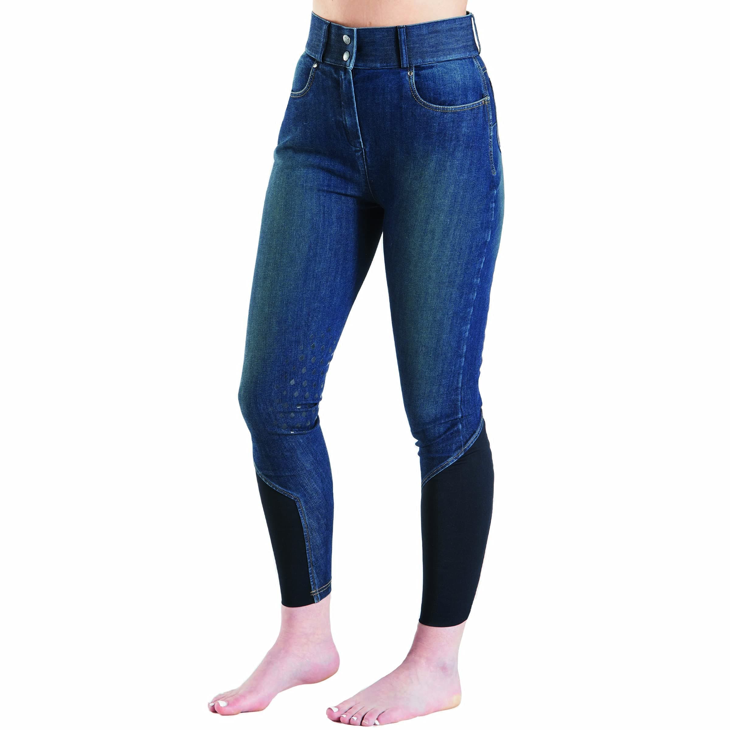Harry Hall Denim Horse Riding Breeches for Women - Silicone Knee Patch Equestrian Hayton Jean Style Ladies Jodphurs - Comfort Soft Stretchy & High Rise Waist