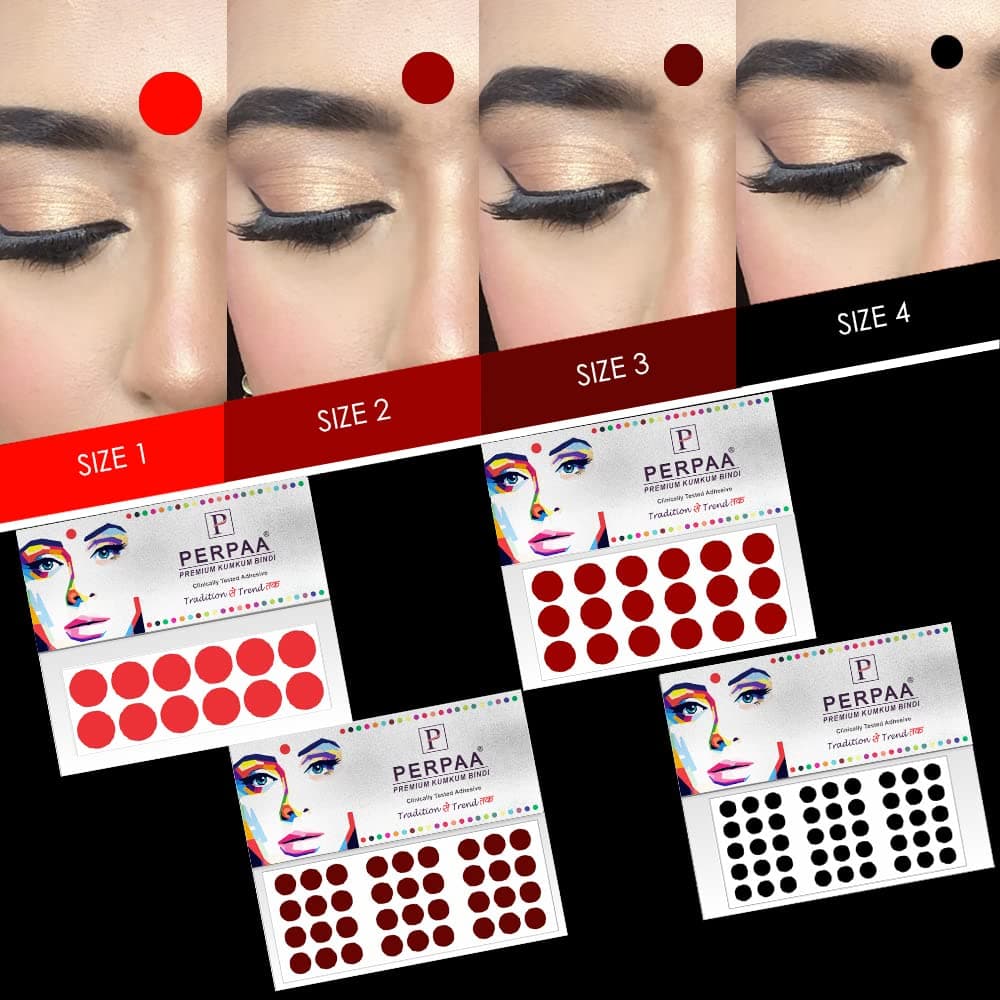 PERPAA Multicolor Bindi Pack of 8 Flaps with Different Sizes - 2 Red, 2 Light Maroon, 2 Dark Maroon, 2 Black - Velvet, Round, Eclectic Style - Skin Surface - Traditional Indian Theme