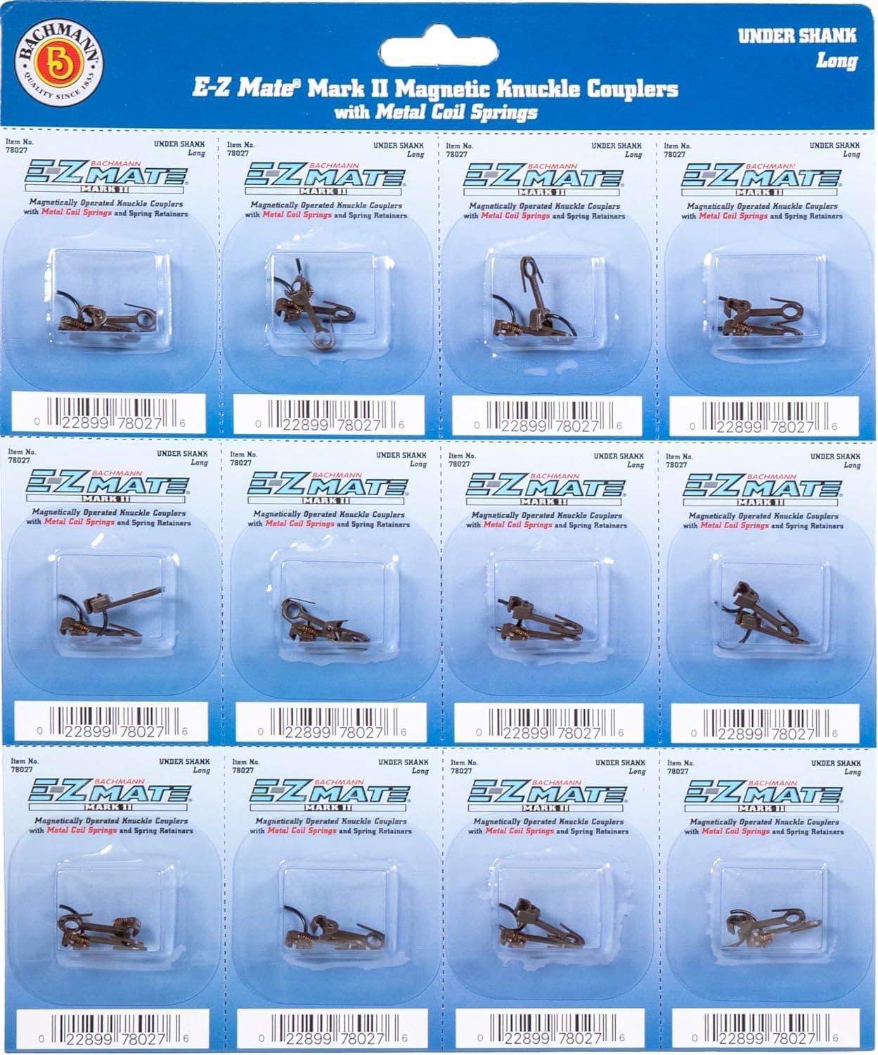 Bachmann 78027 E-Z MATE MARK II MAGNETIC KNUCKLE COUPLERS with METAL COIL SPRING-UNDER SHANK-LONG (12 pair/card) -HO Scale